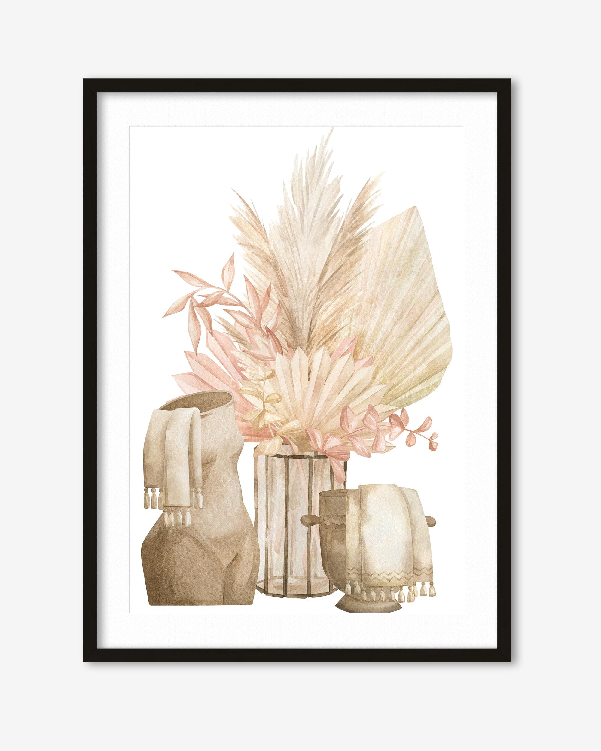 Framed artwork with decorative plants and vases on a white background
