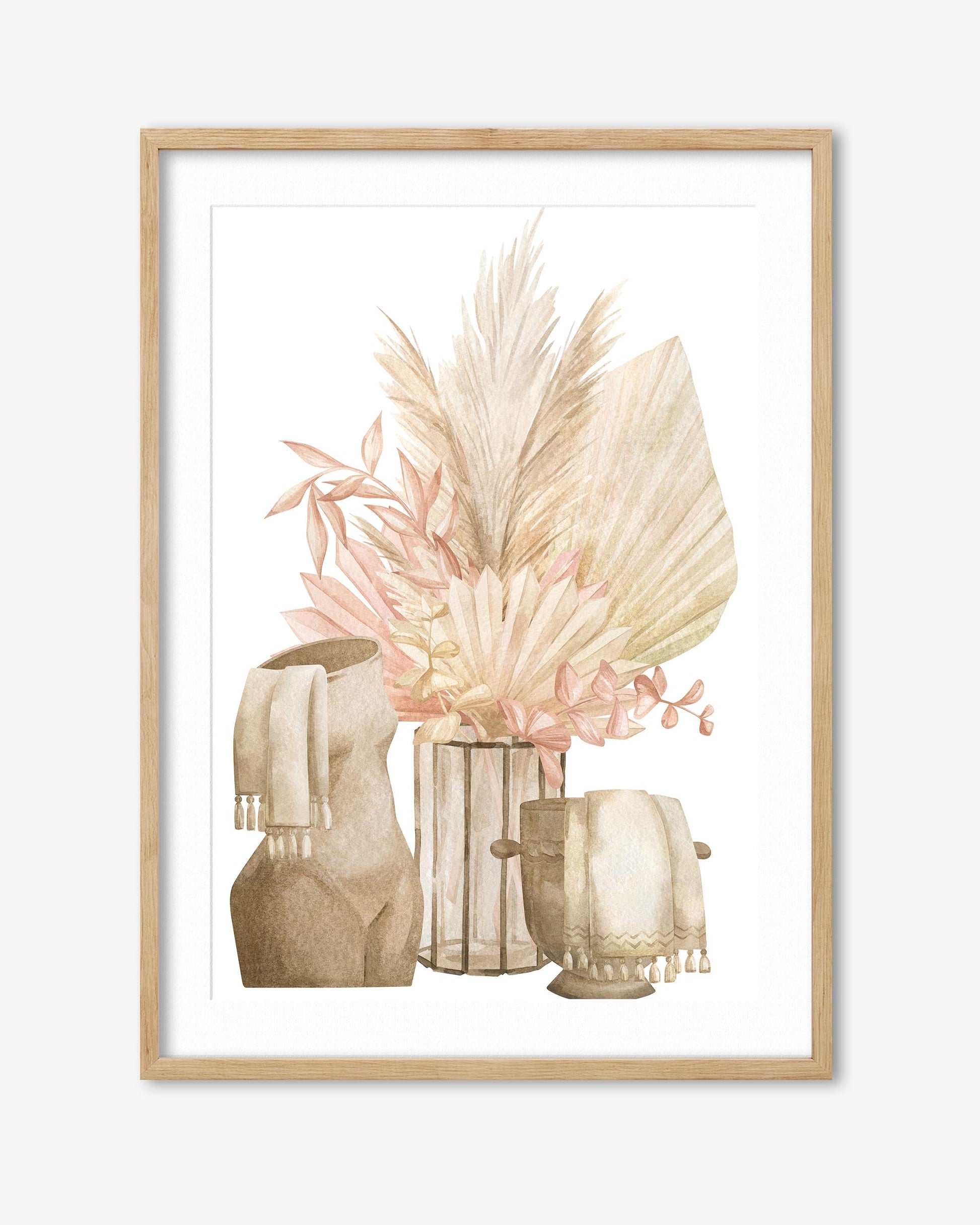 Framed artwork of dried plants and vases on a white background