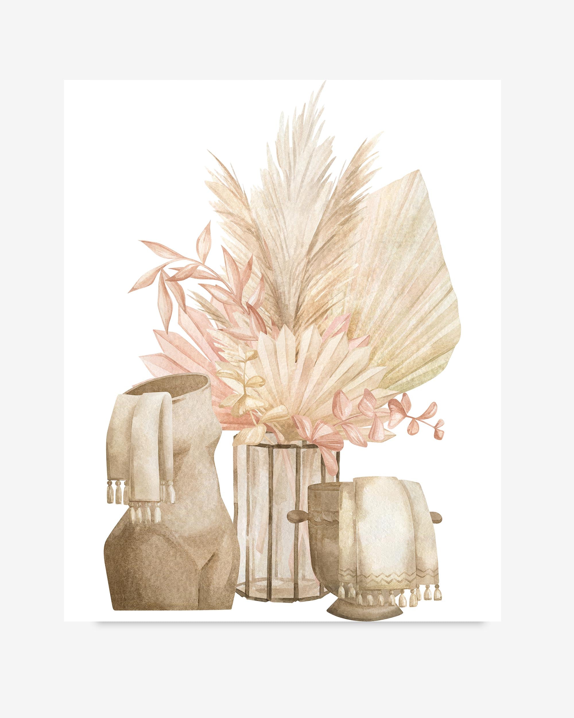 Decorative arrangement with dried plants and vases on a light gray background
