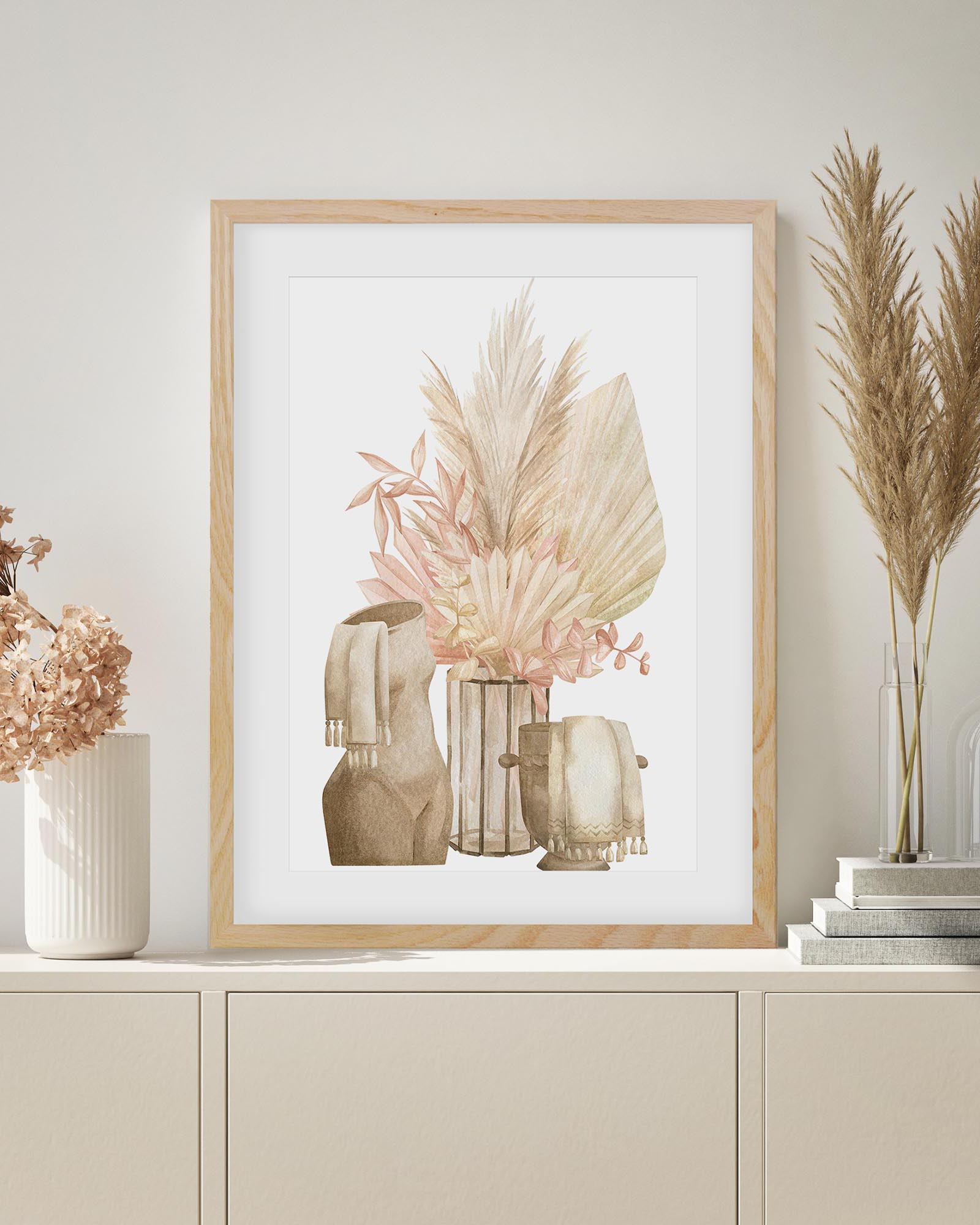 Framed artwork of decorative vases and plants on a shelf with a neutral background