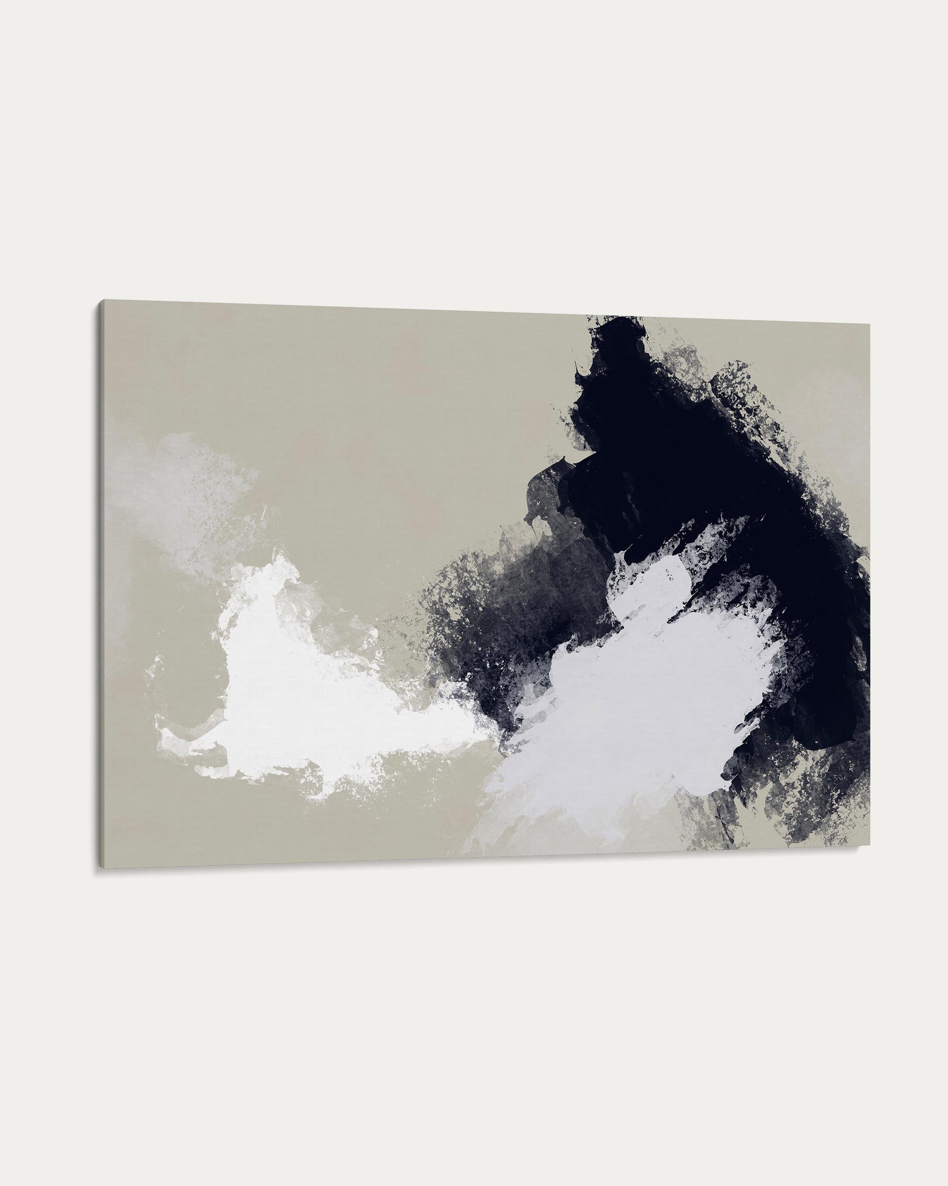 Abstract art piece with black and white shapes on a beige background