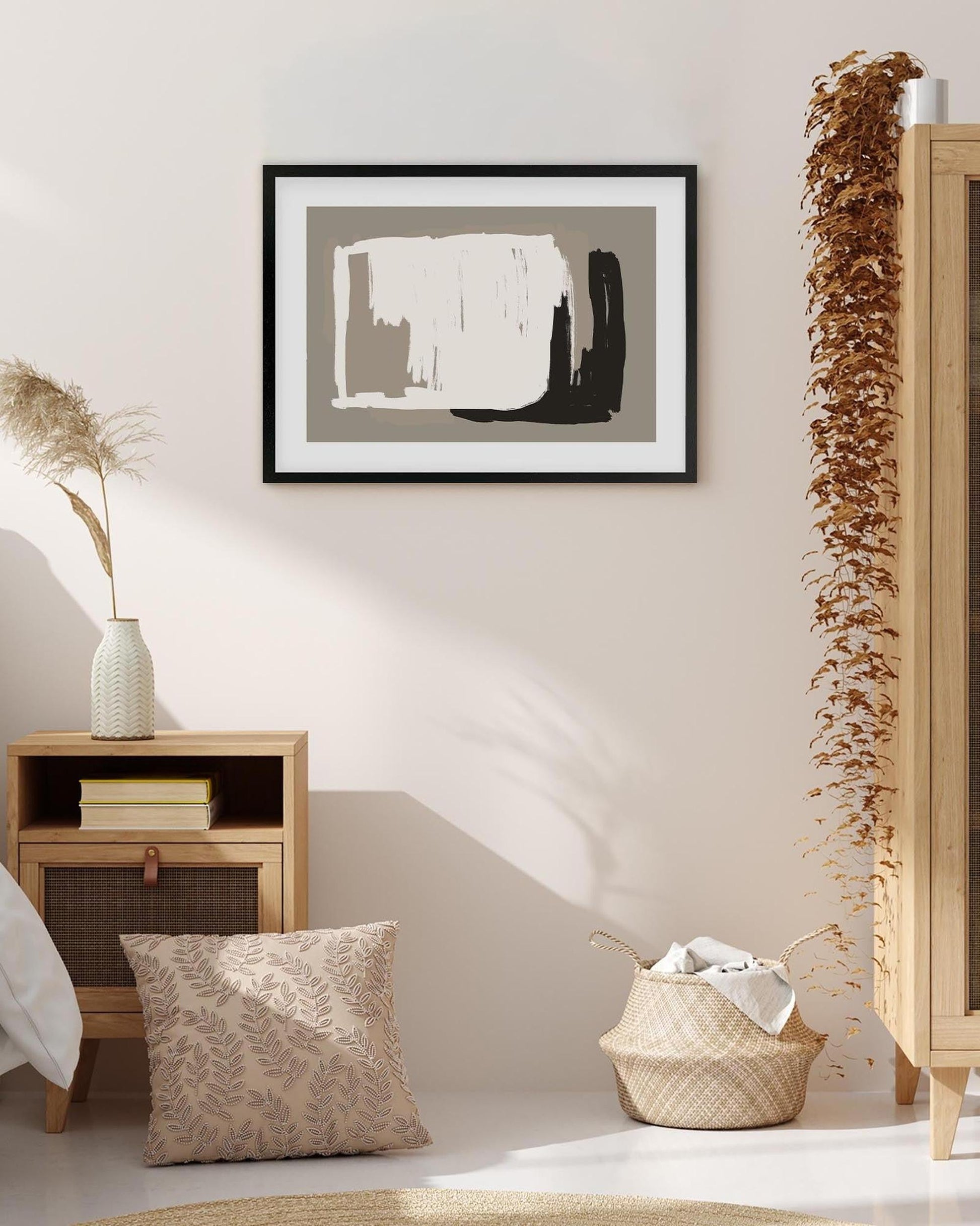 Nursery room with abstract art, wooden furniture, and decorative elements.