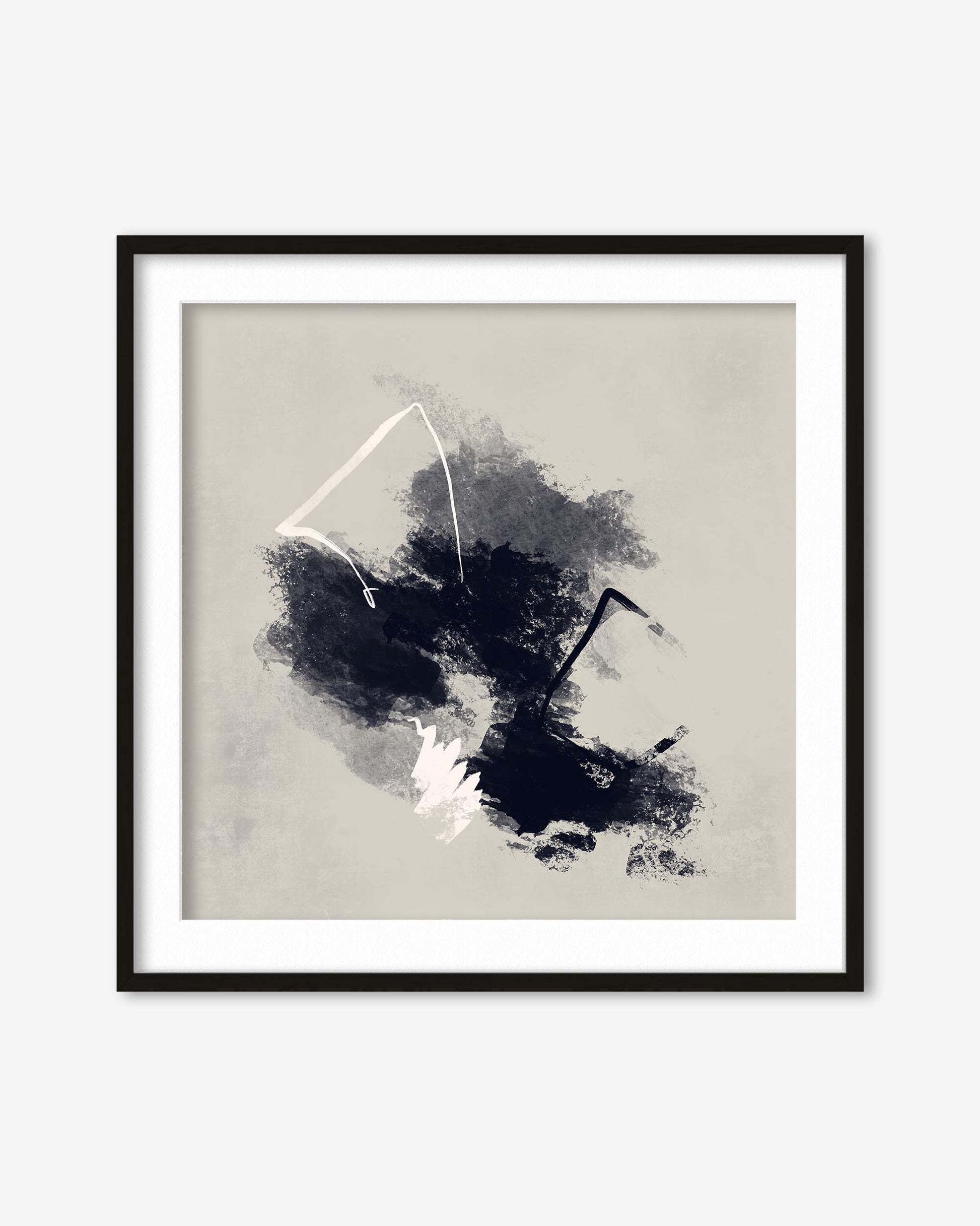Framed abstract art print with black and white shapes on a beige background