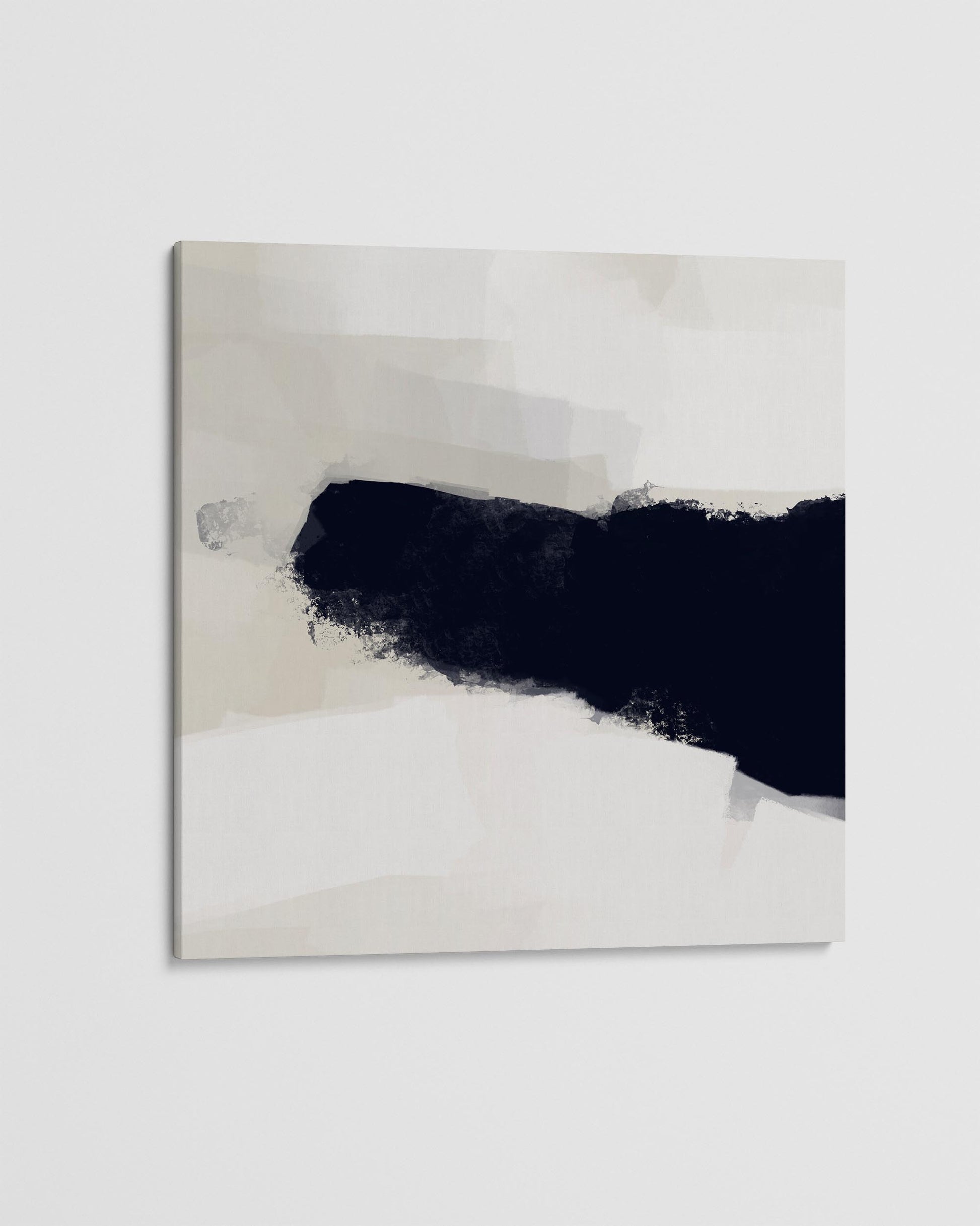 Abstract art piece with black and white brush strokes on a light gray background