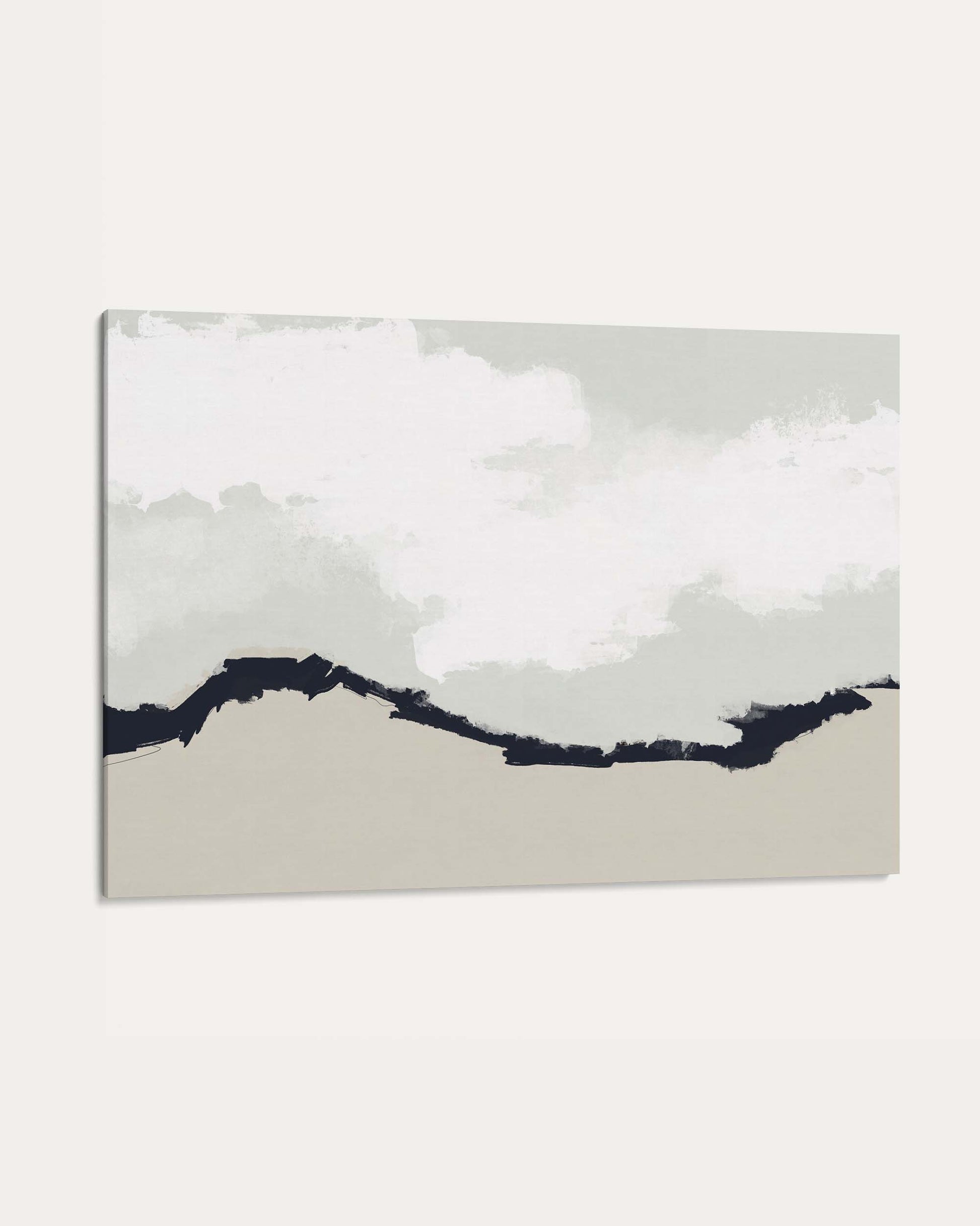 Abstract art piece with a mountain silhouette and white clouds on a gray background
