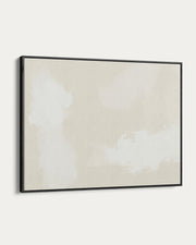 Framed abstract art piece with soft beige and white colors on a plain background