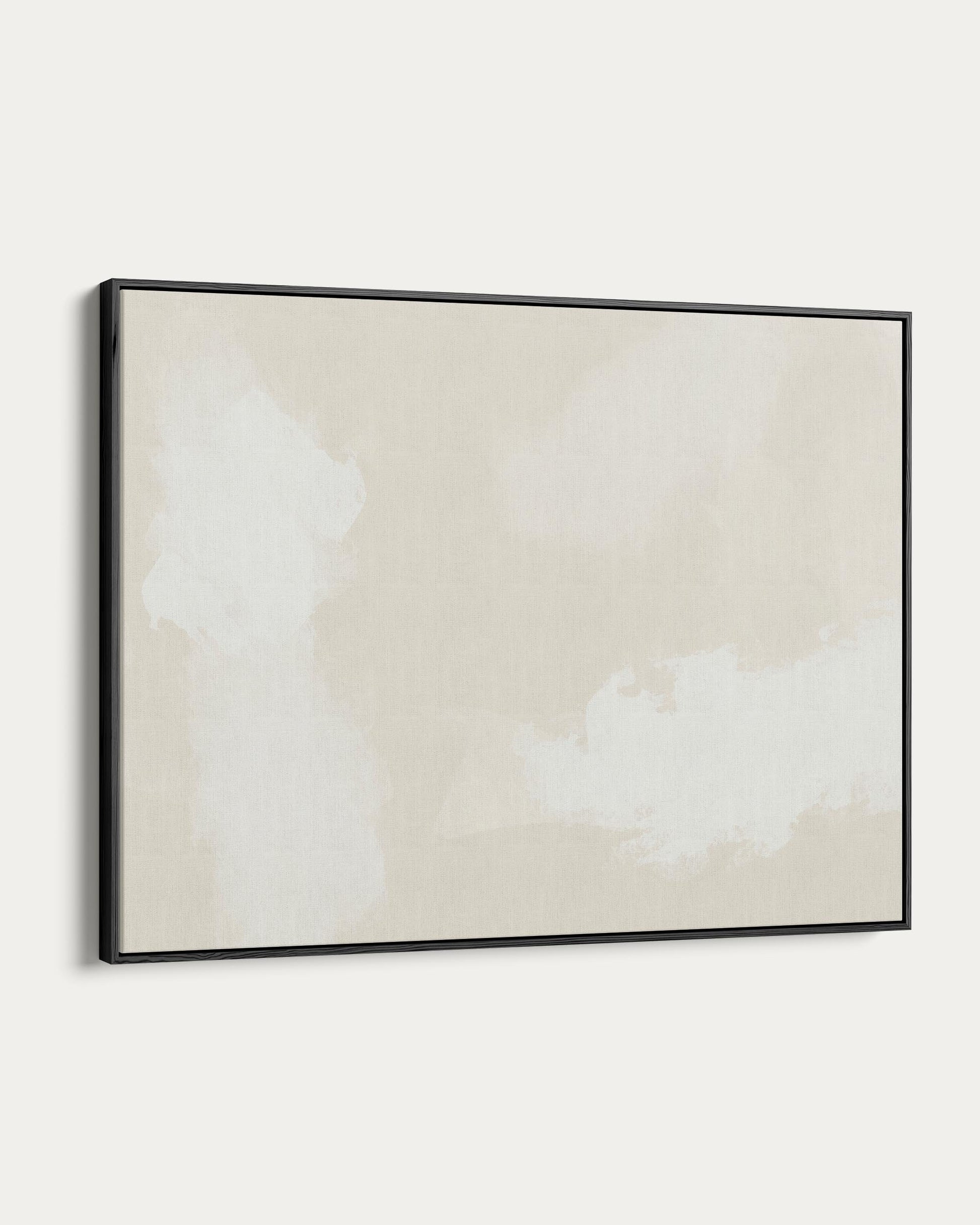 Framed abstract art piece with soft beige and white colors on a plain background