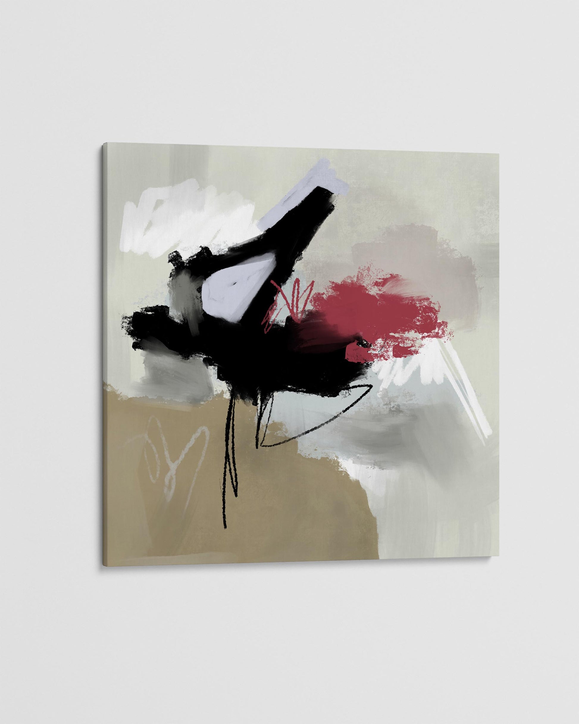 Abstract art piece with black, red, and white on a beige background