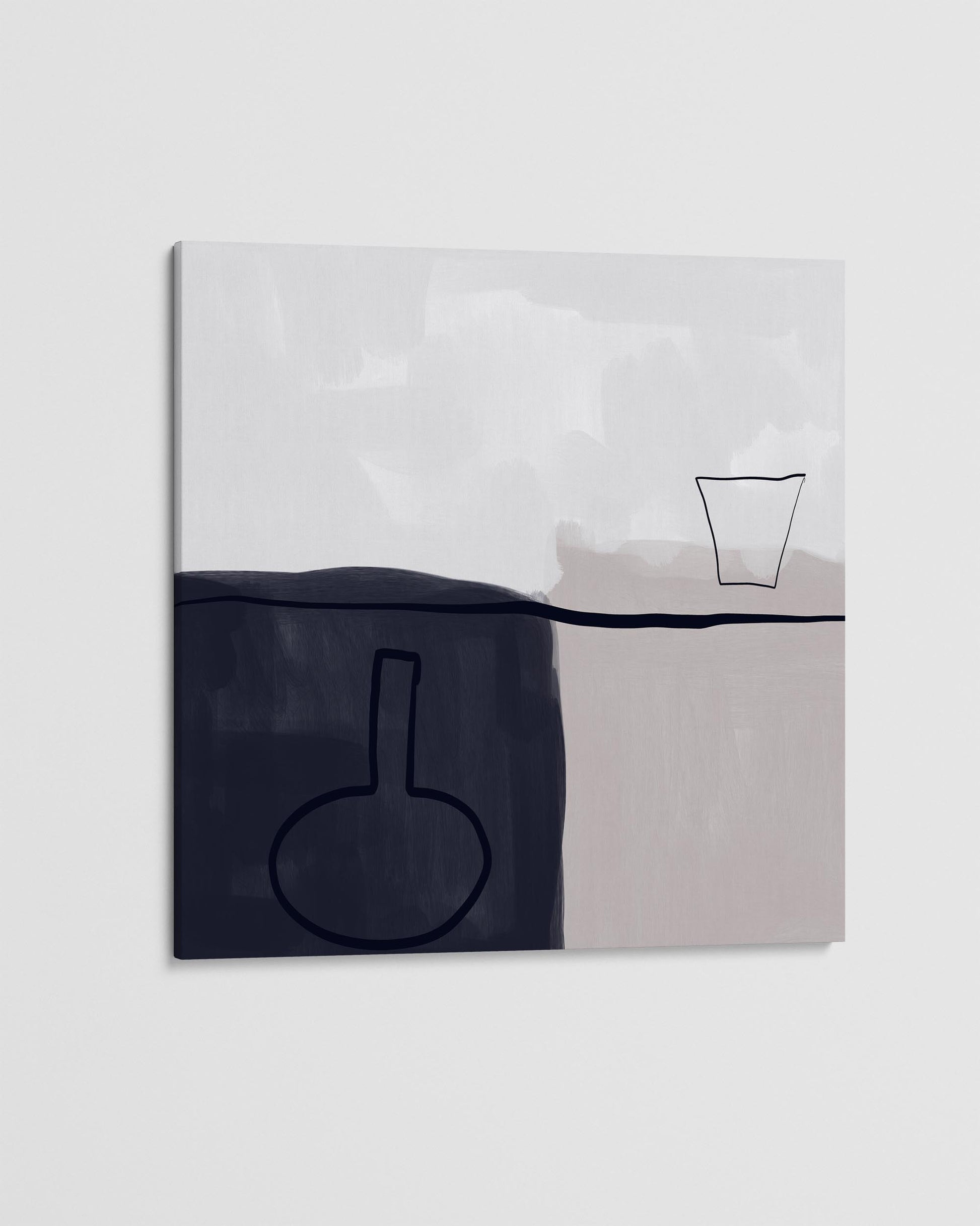 Abstract art piece with black line drawings of a vase and a cup on a two-tone background.