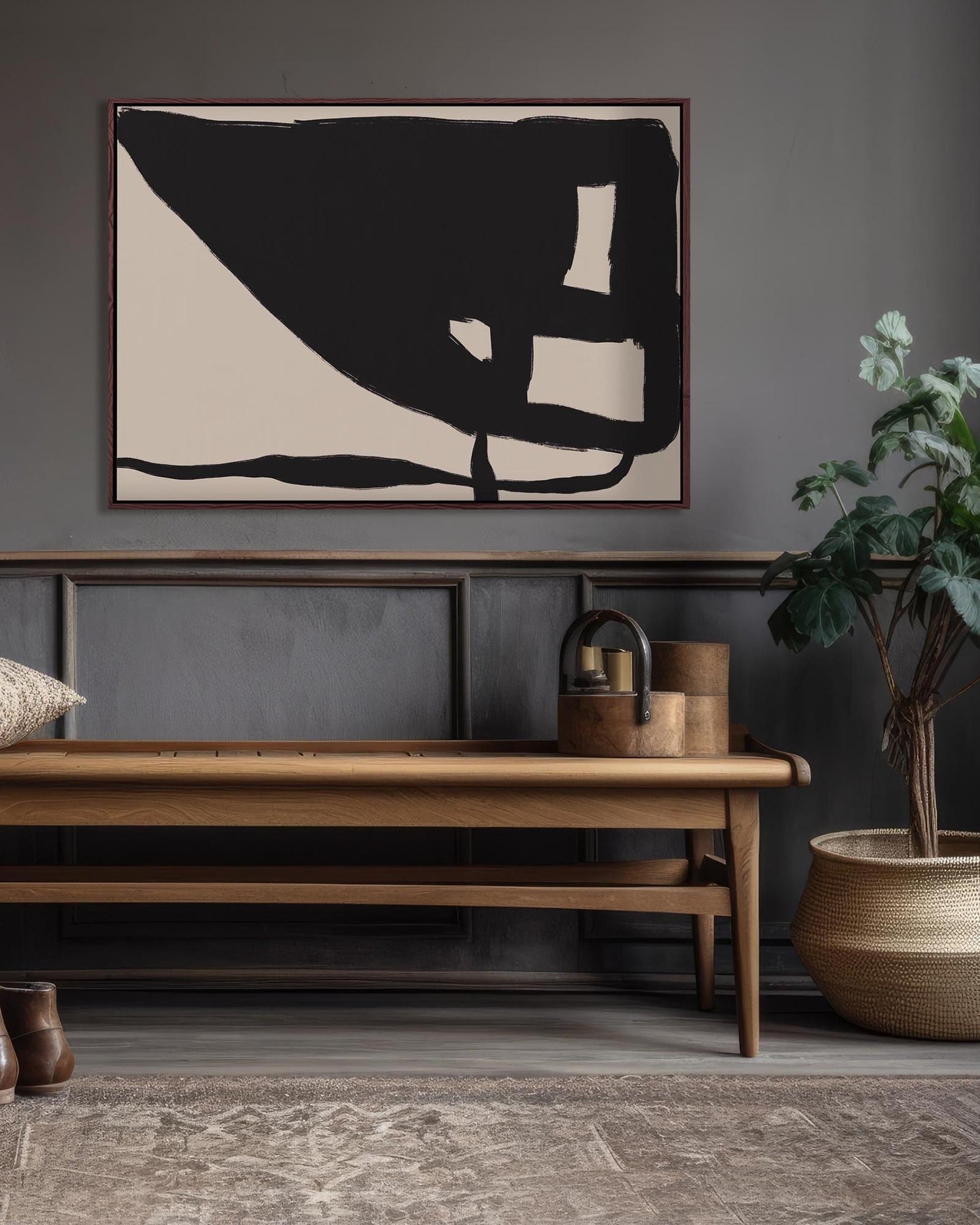 Modern living room with abstract art, wooden bench, and plant