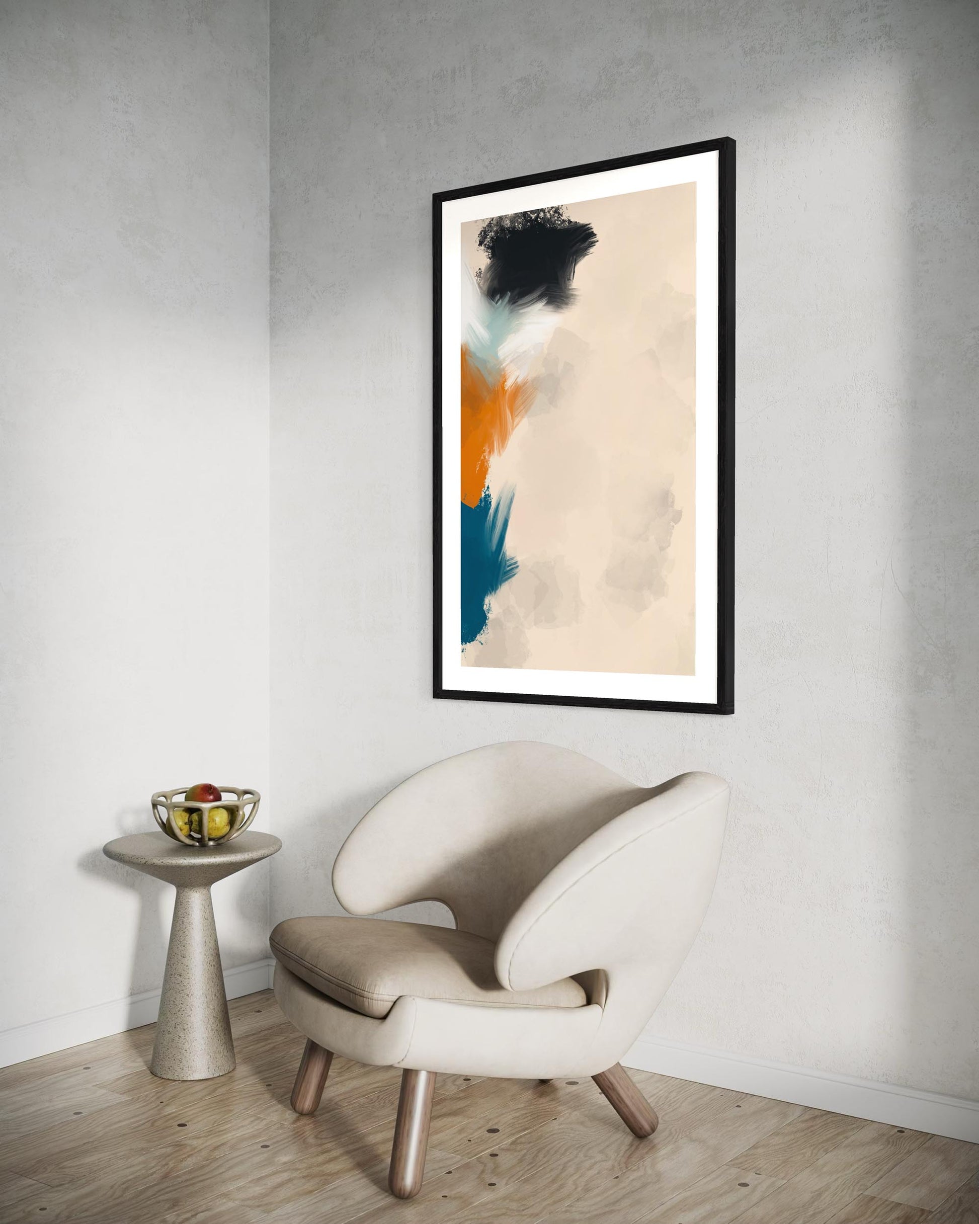 Abstract art print on a wall above a modern chair in a minimalistic room.