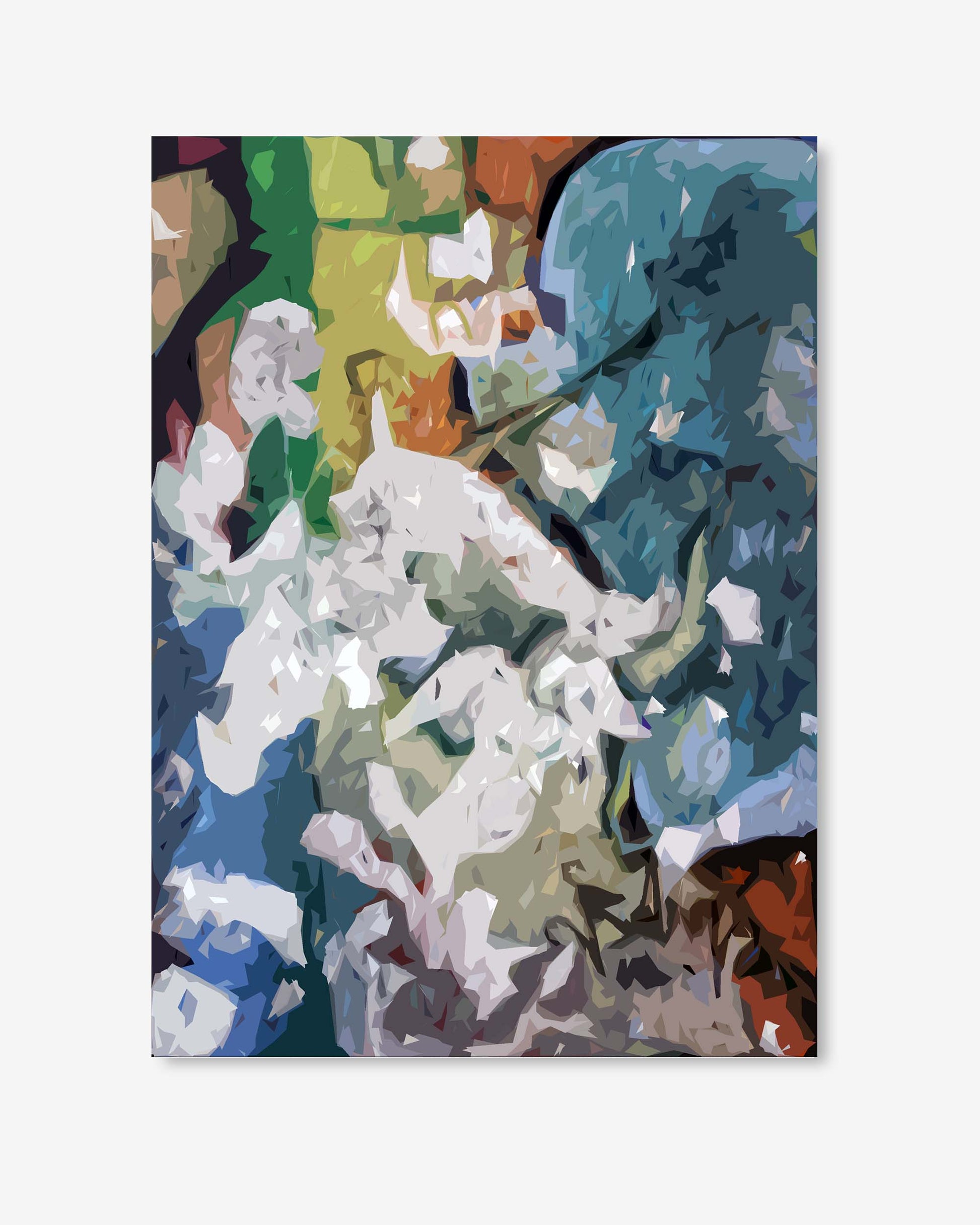 Abstract art print with colorful shapes on a white background