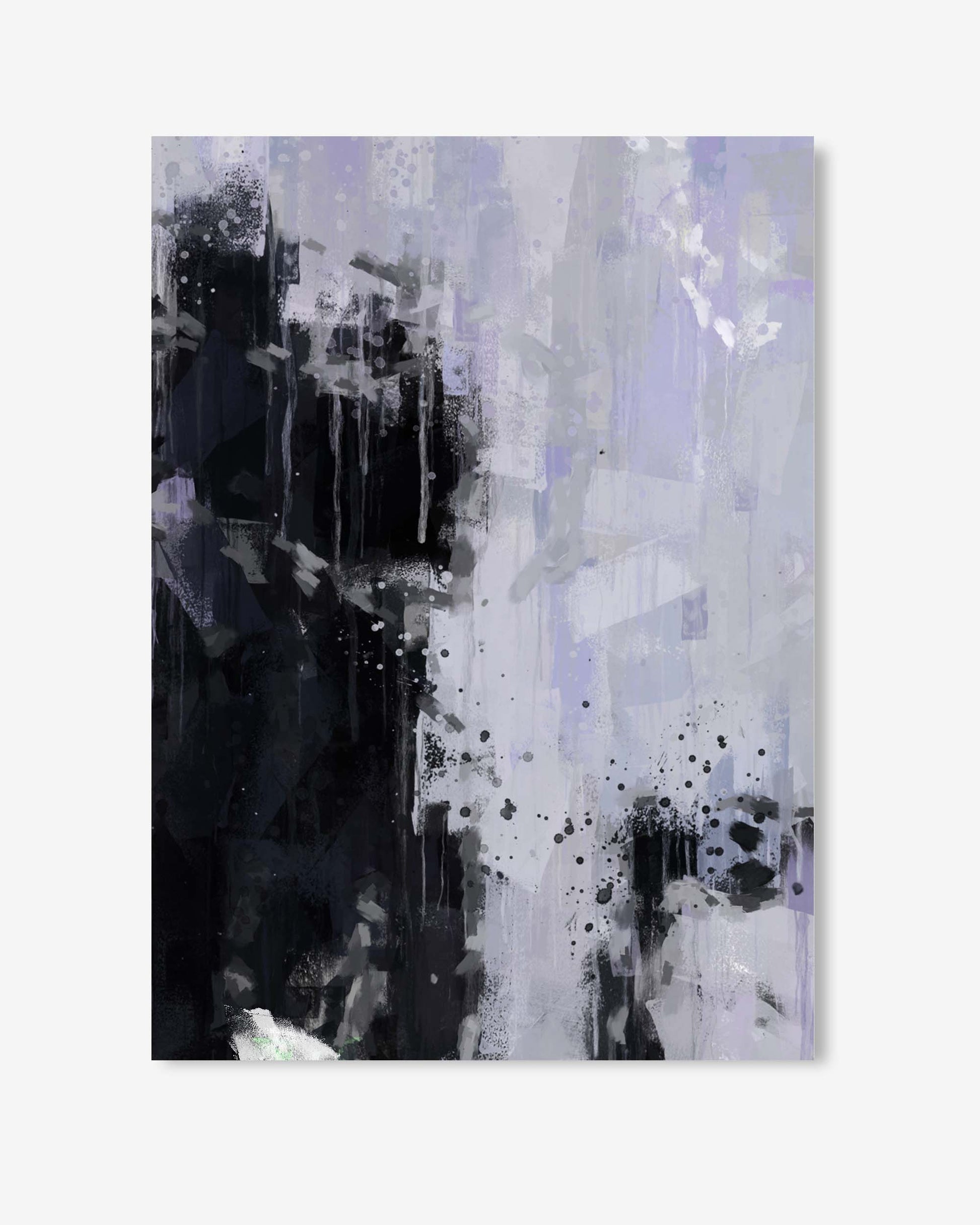 Abstract art piece with black, white, and gray colors on a light gray background