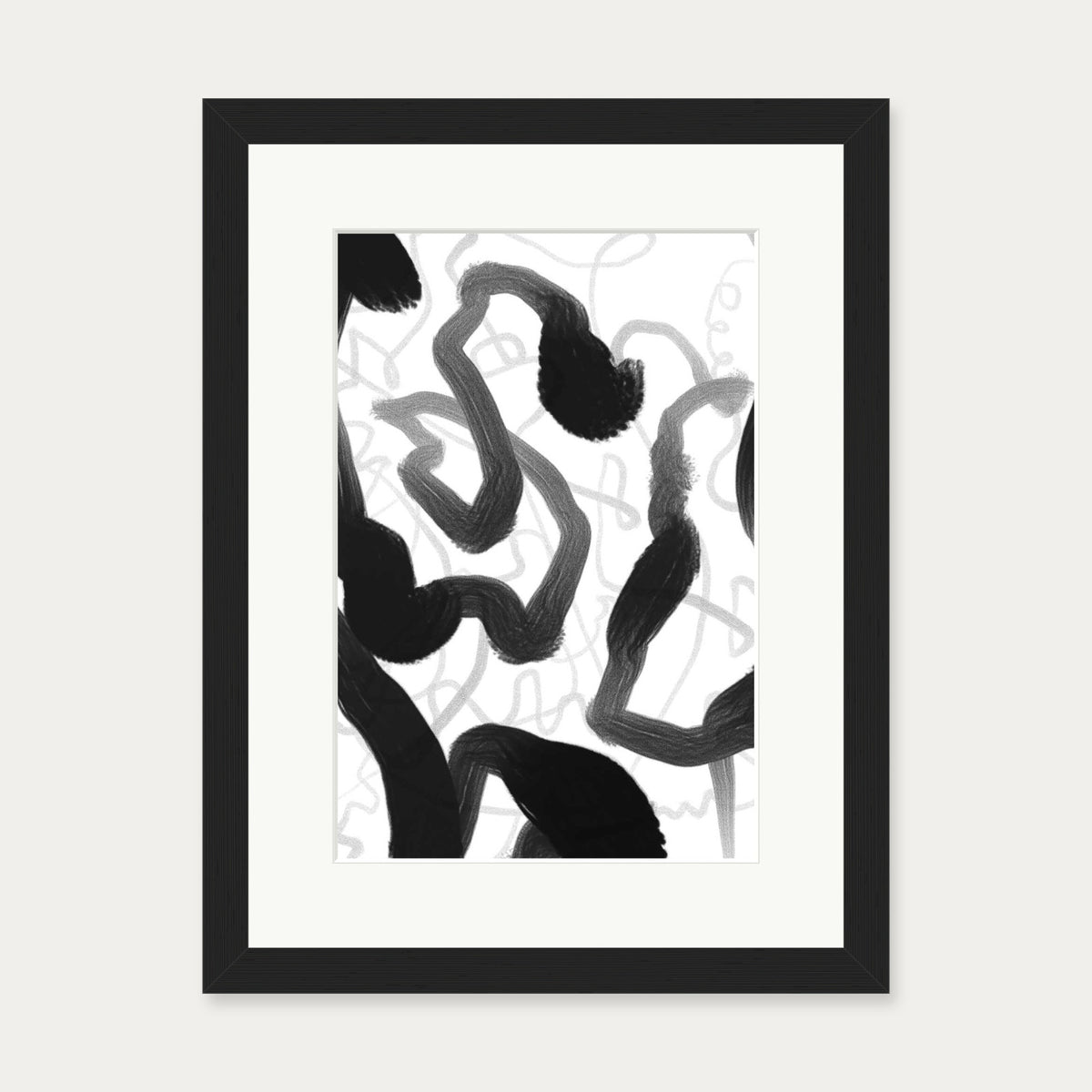 Black And White Brush Strokes Art Print — 30 x 40 cm — Black Frame