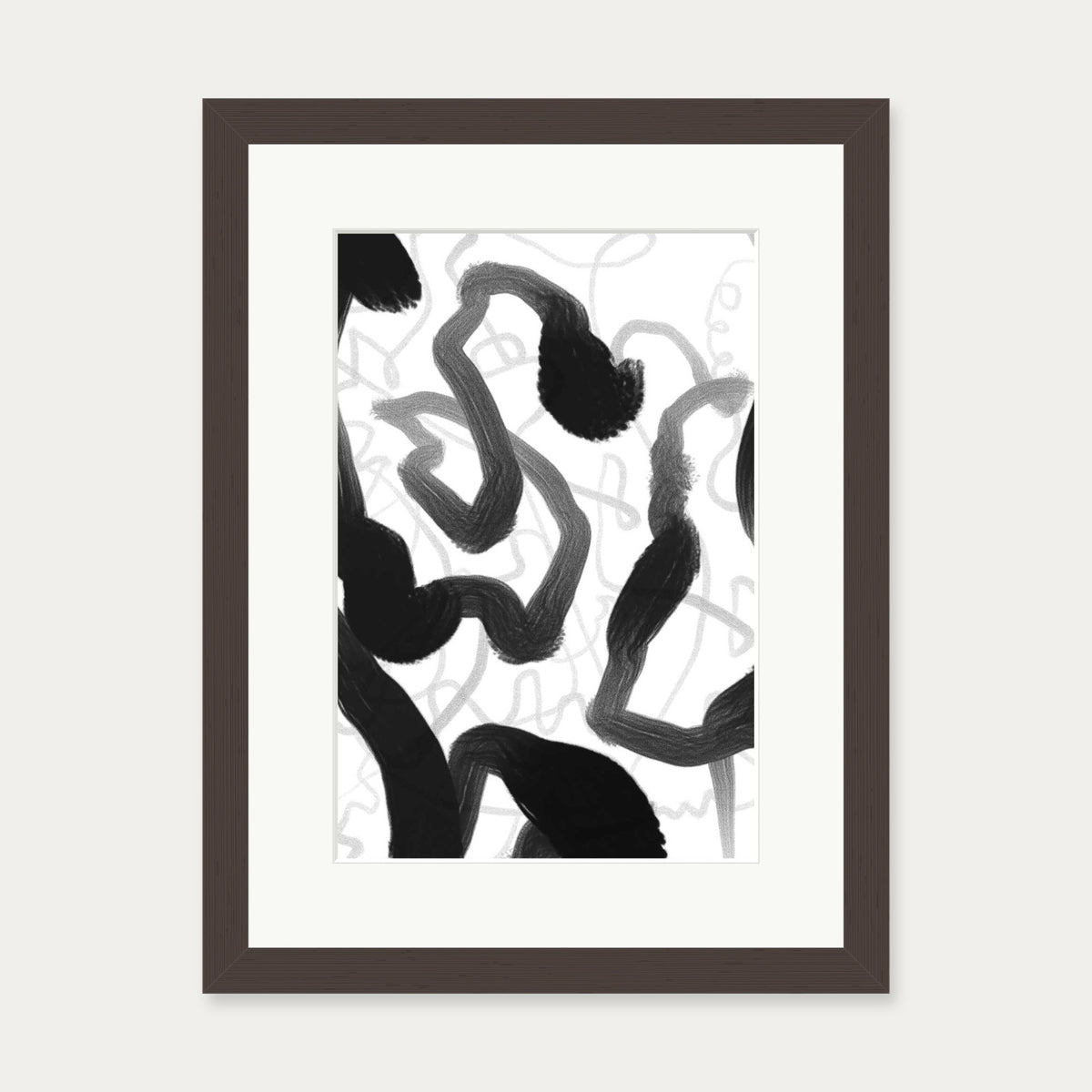 Black And White Brush Strokes Art Print — 30 x 40 cm — Brown Frame