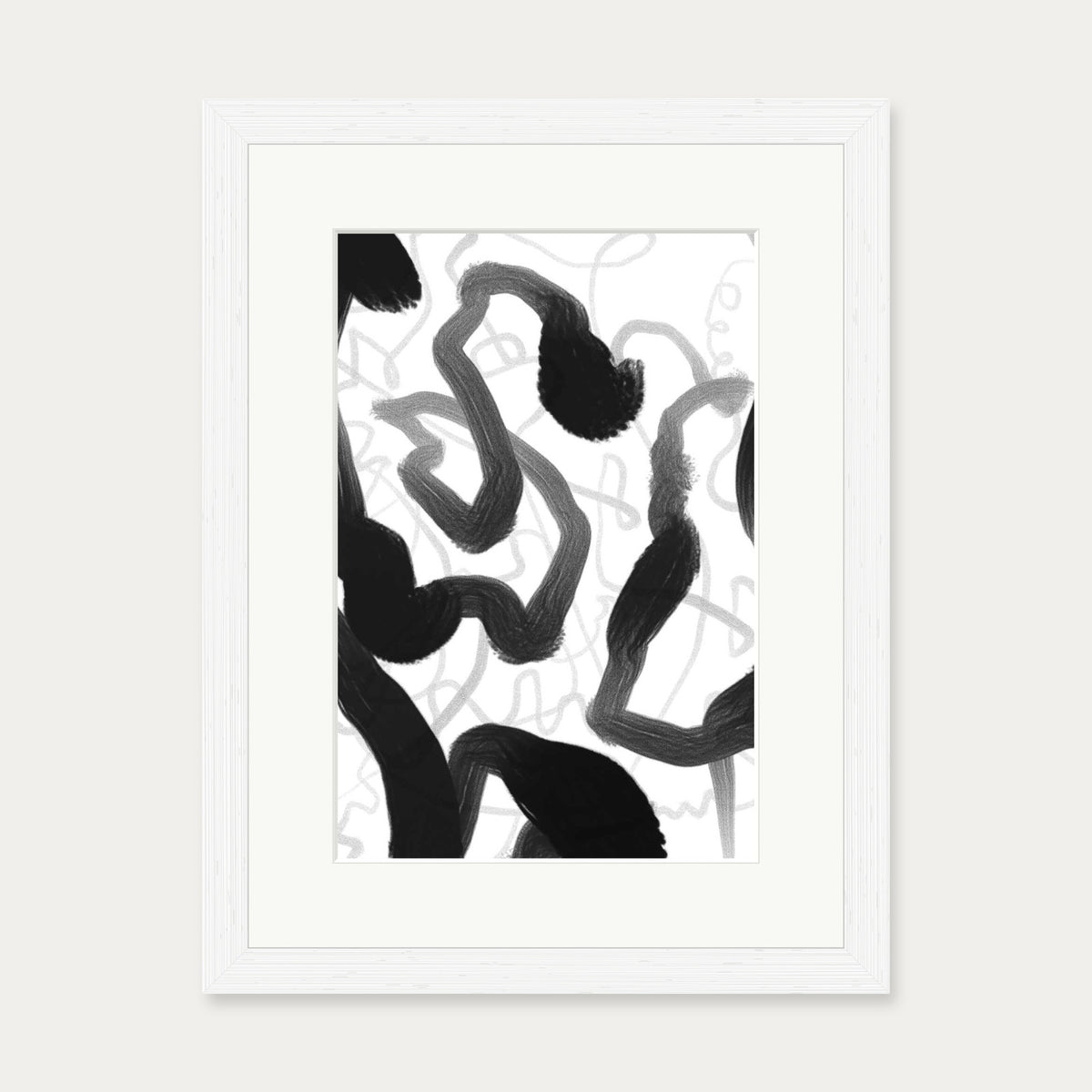 Black And White Brush Strokes Art Print — 30 x 40 cm — White Frame