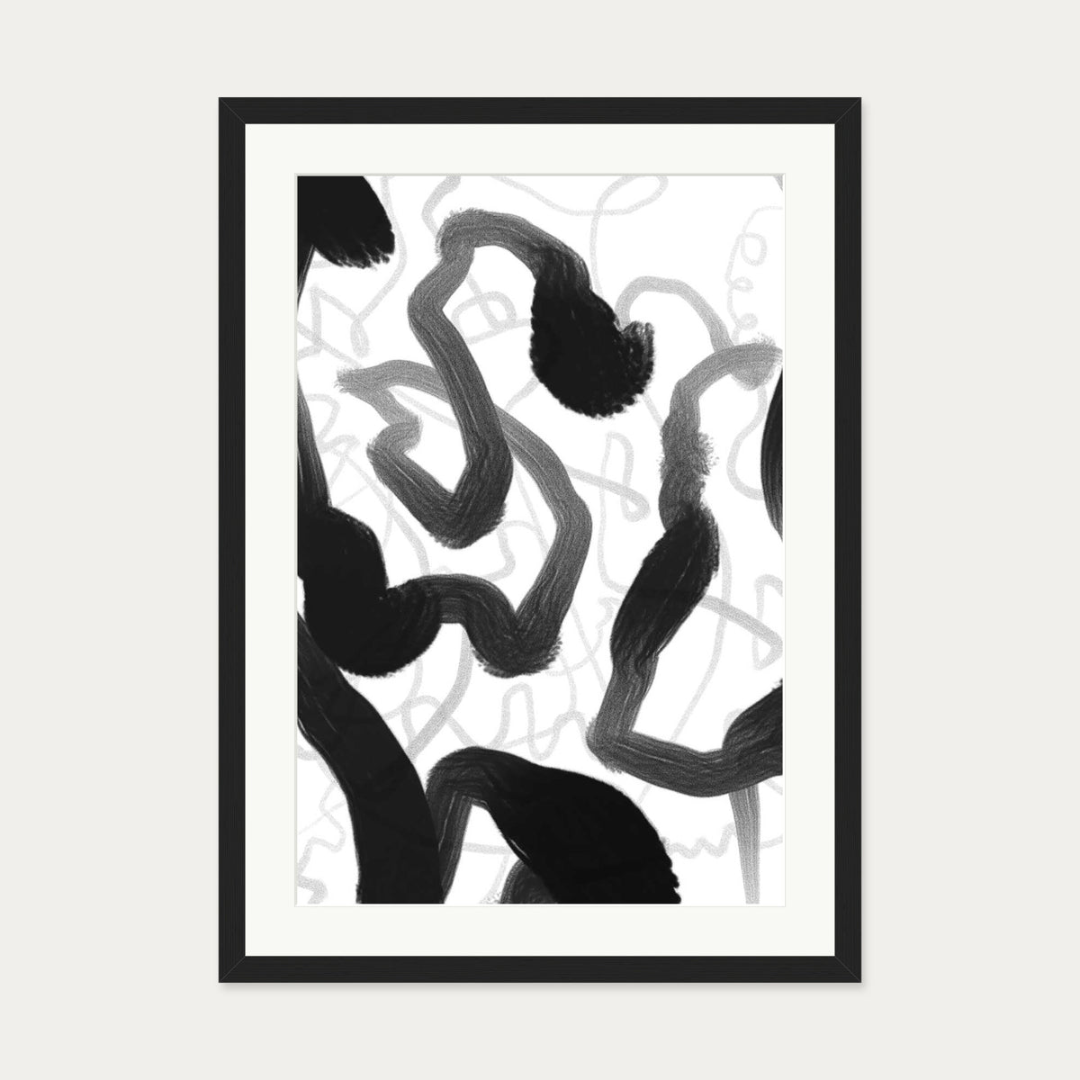 Black And White Brush Strokes Art Print — 50 x 70 cm — Black Frame