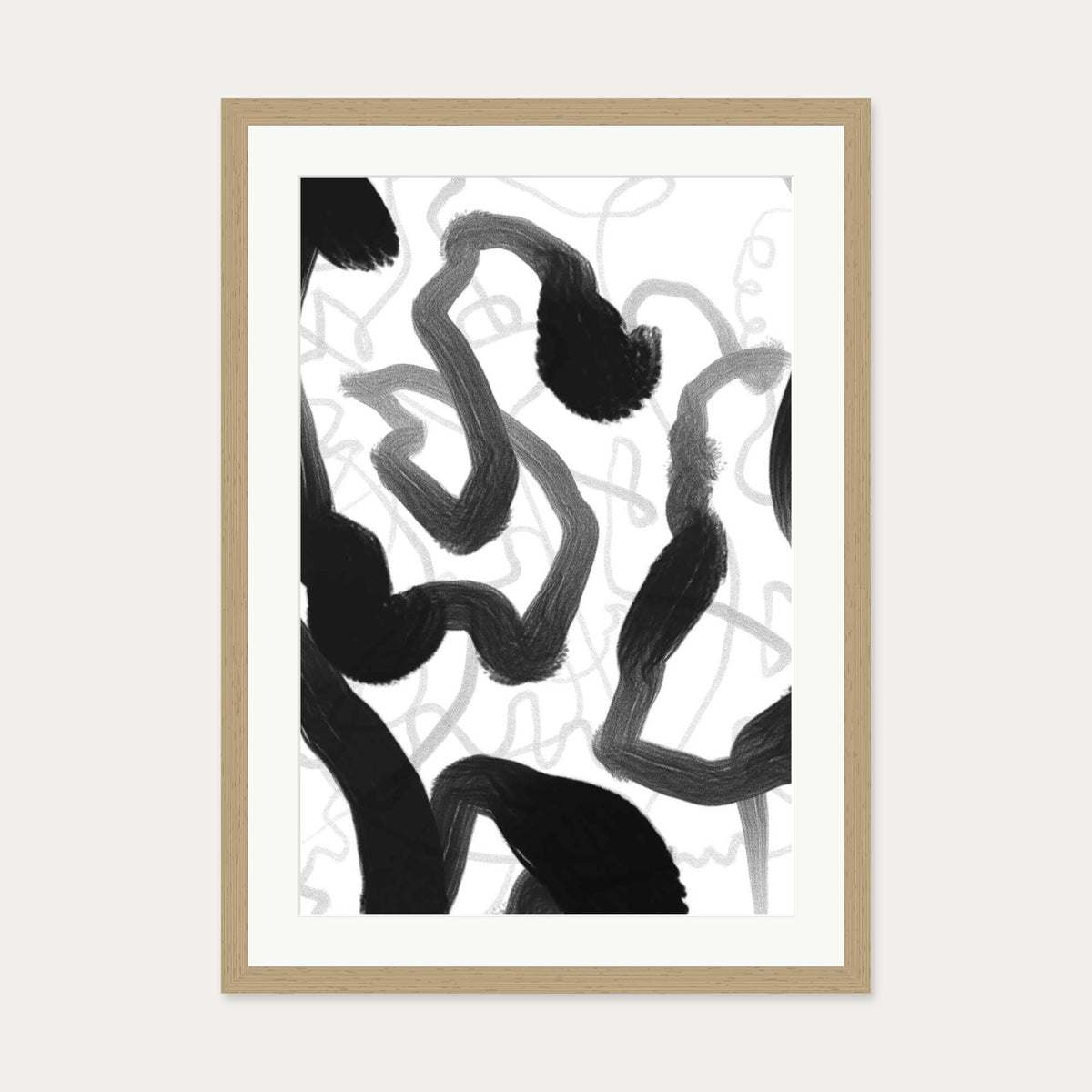 Black And White Brush Strokes Art Print — 50 x 70 cm — Oak Frame