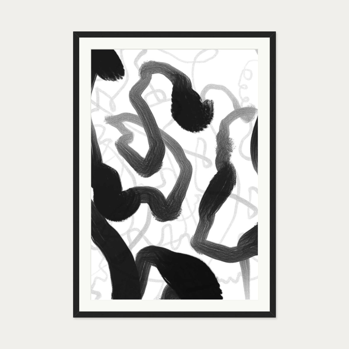 Black And White Brush Strokes Art Print — 70 x 100 cm — Black Frame