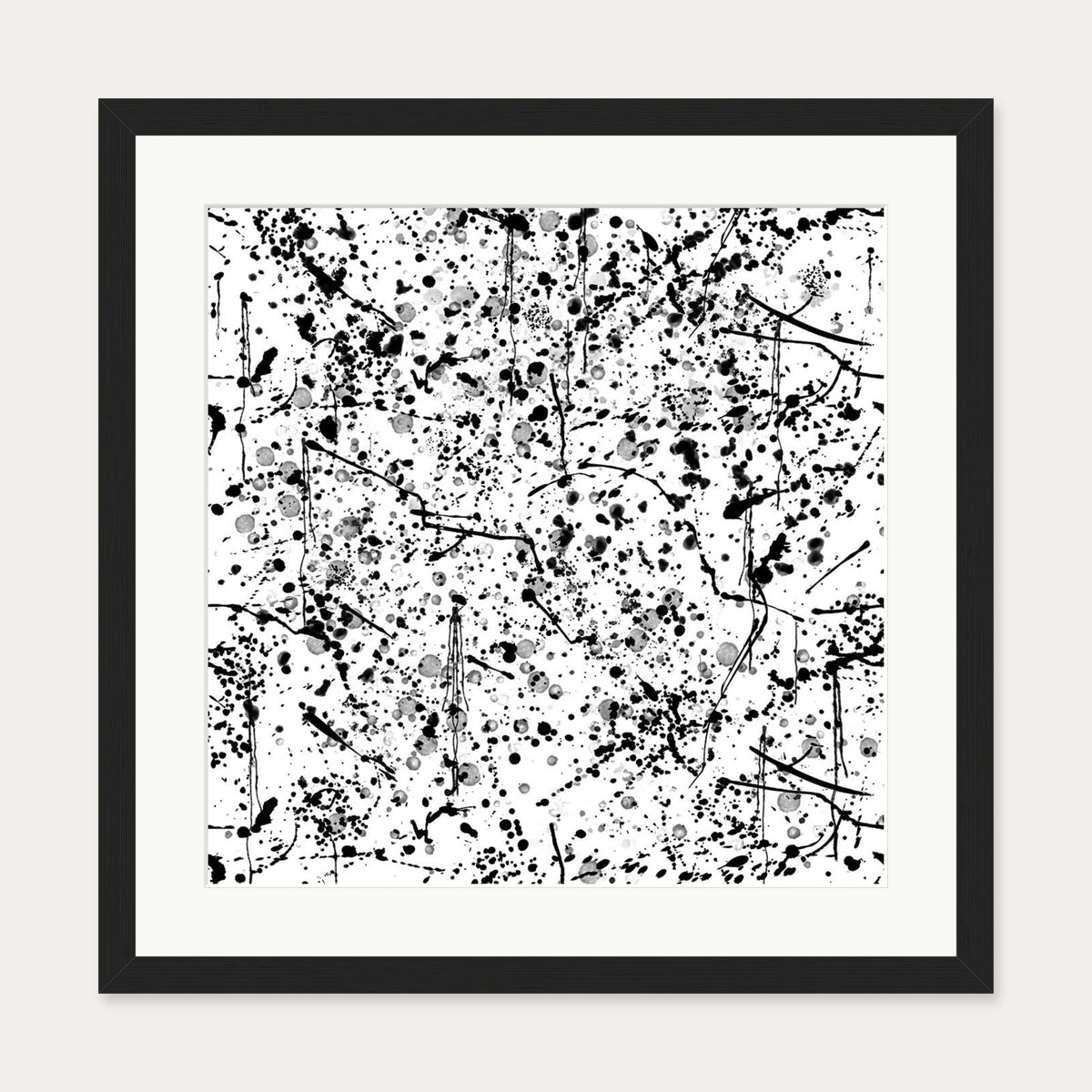 Black and White Paint Splatter Art Print — 50 x 50 cm — Black Frame