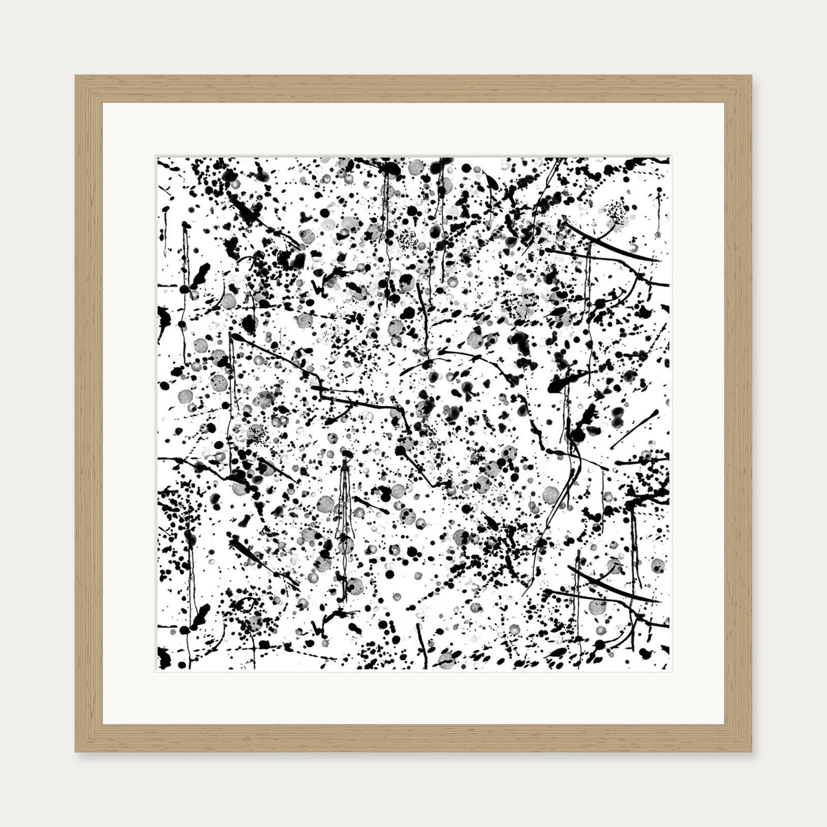 Black and White Paint Splatter Art Print — 50 x 50 cm — Oak Frame