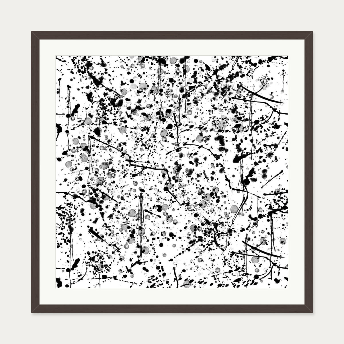 Black and White Paint Splatter Art Print — 70 x 70 cm — Brown Frame