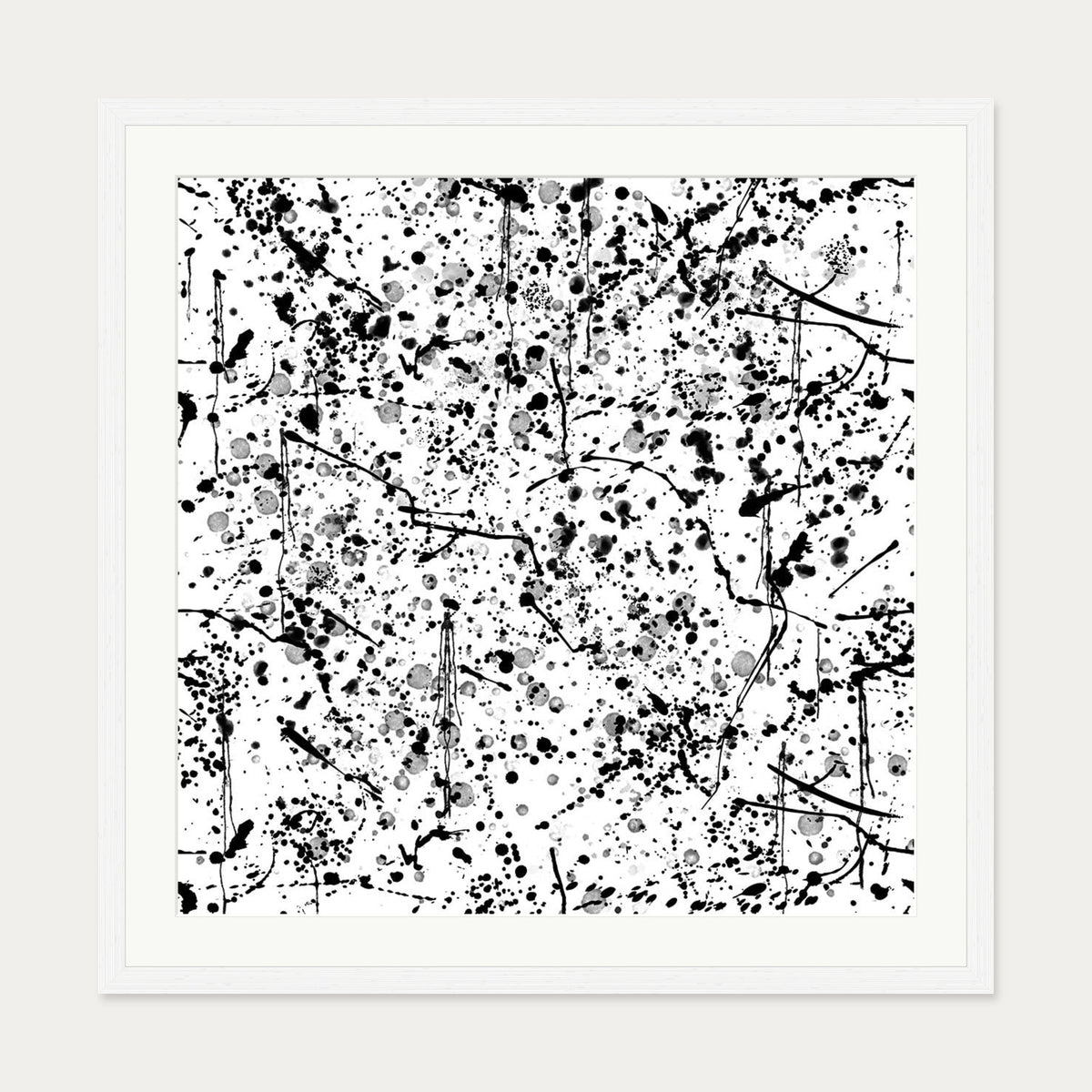 Black and White Paint Splatter Art Print — 70 x 70 cm — White Frame
