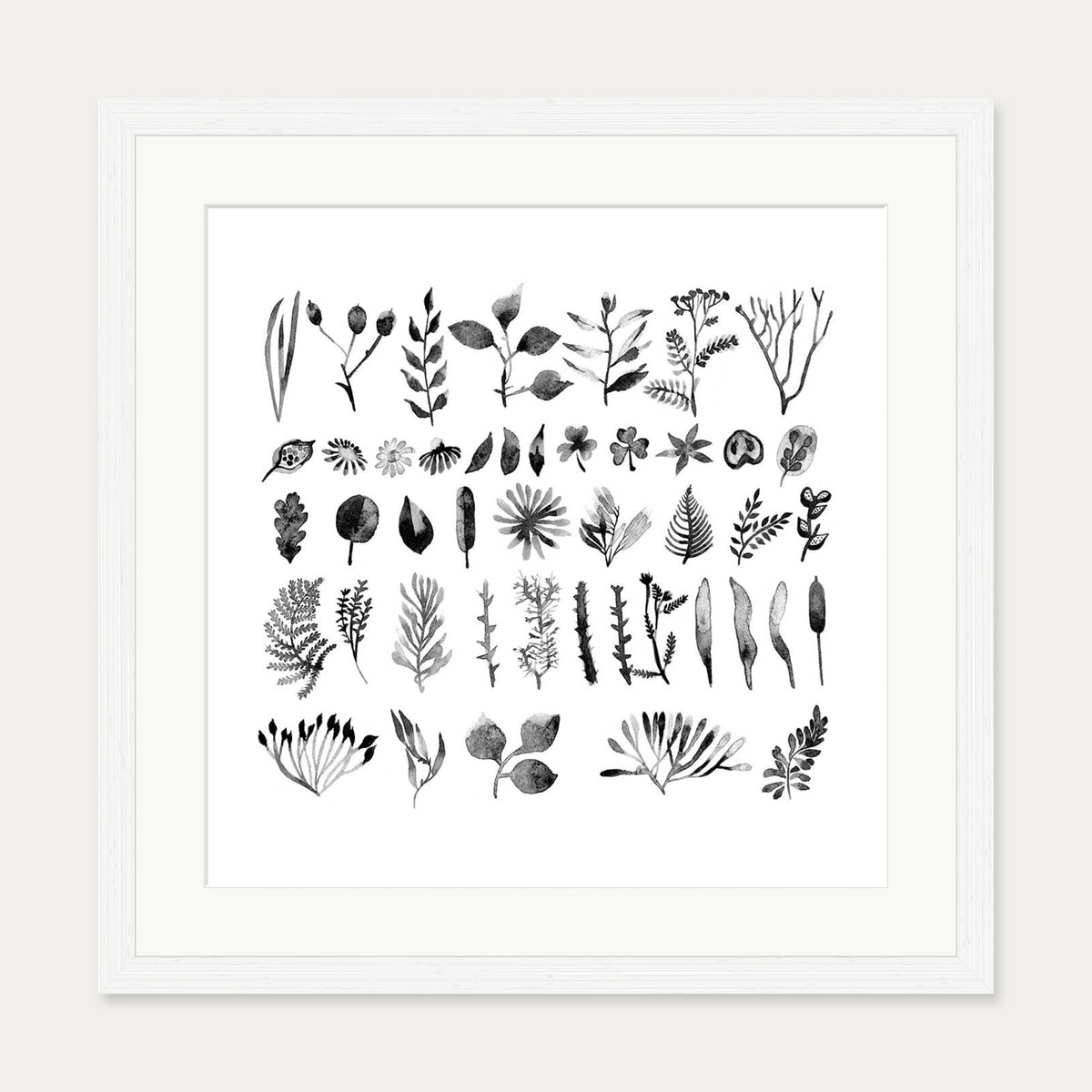 Black And White Watercolour Leaves Art Print — 50 x 50 cm — White Frame