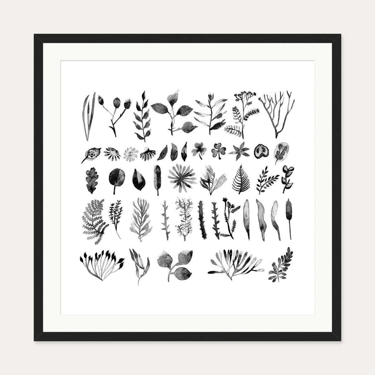 Black And White Watercolour Leaves Art Print — 70 x 70 cm — Black Frame