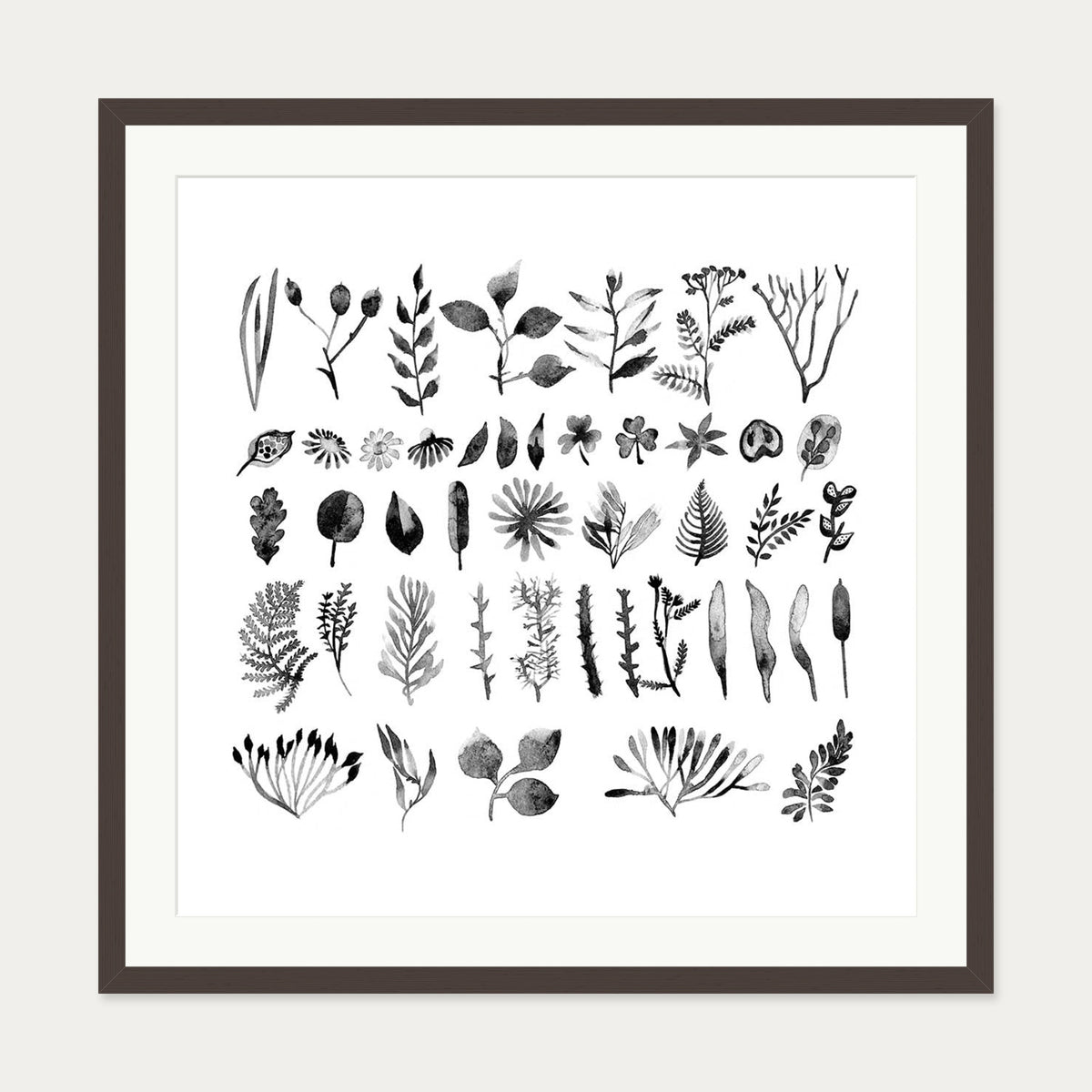 Black And White Watercolour Leaves Art Print — 70 x 70 cm — Brown Frame