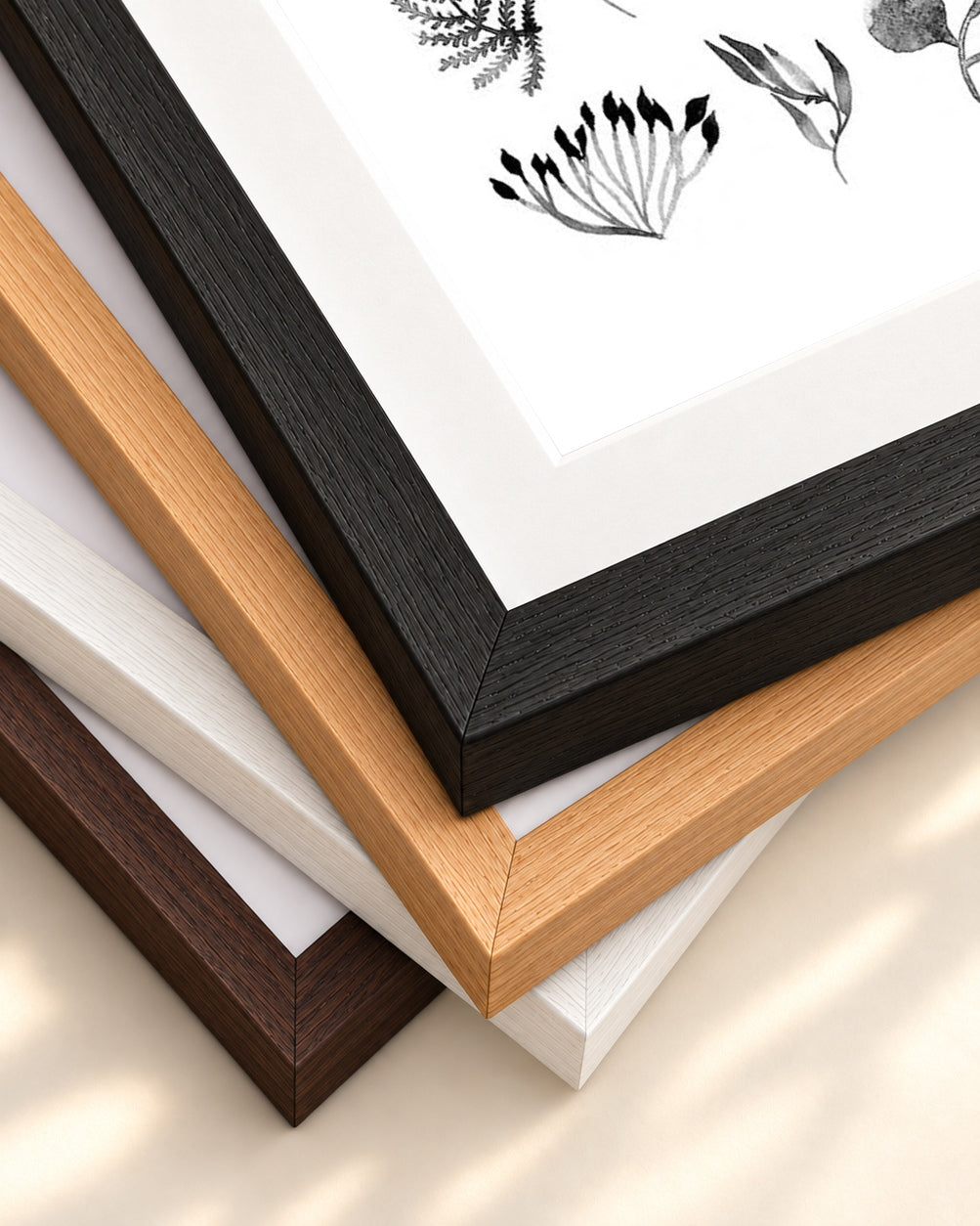 Black And White Watercolour Leaves Art Print — framed print corner with 5 cm mount and bevel