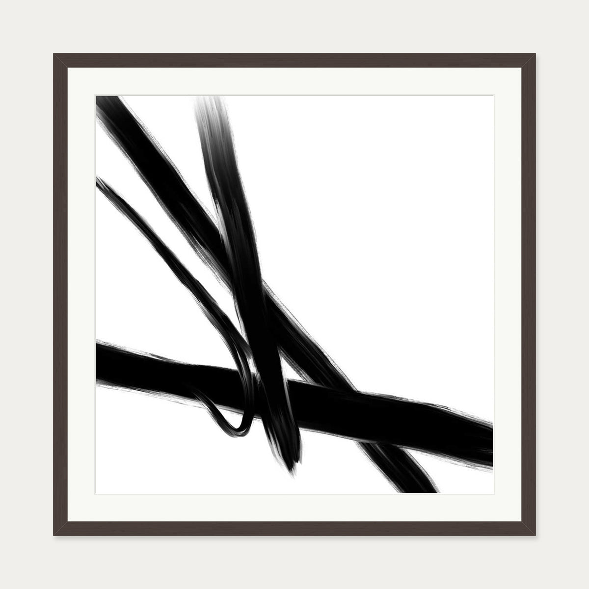 Black Brush Strokes Art Print — 70 x 70 cm — Brown Frame