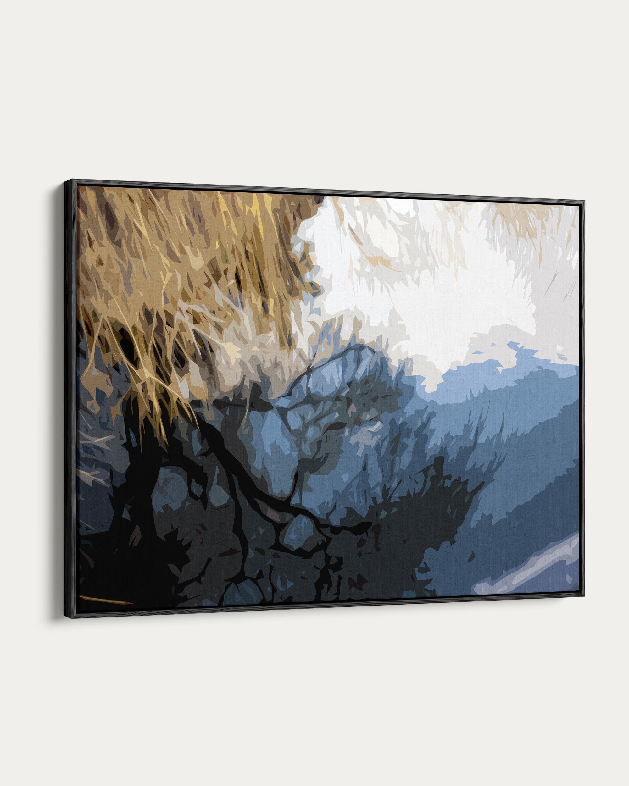Abstract art piece with blue, black, and white colors on a white background