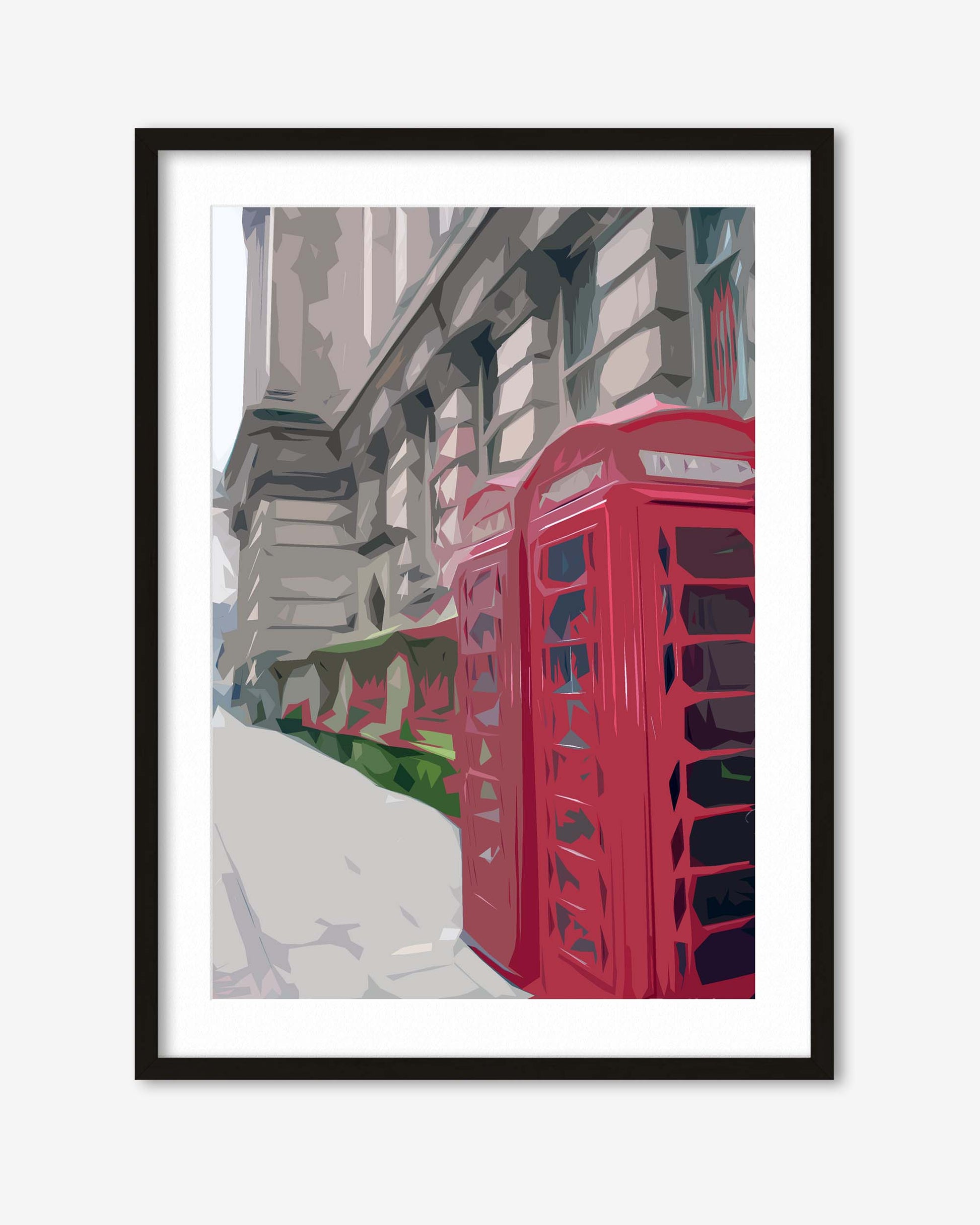 Framed artwork of a red telephone box on a street with a building in the background.