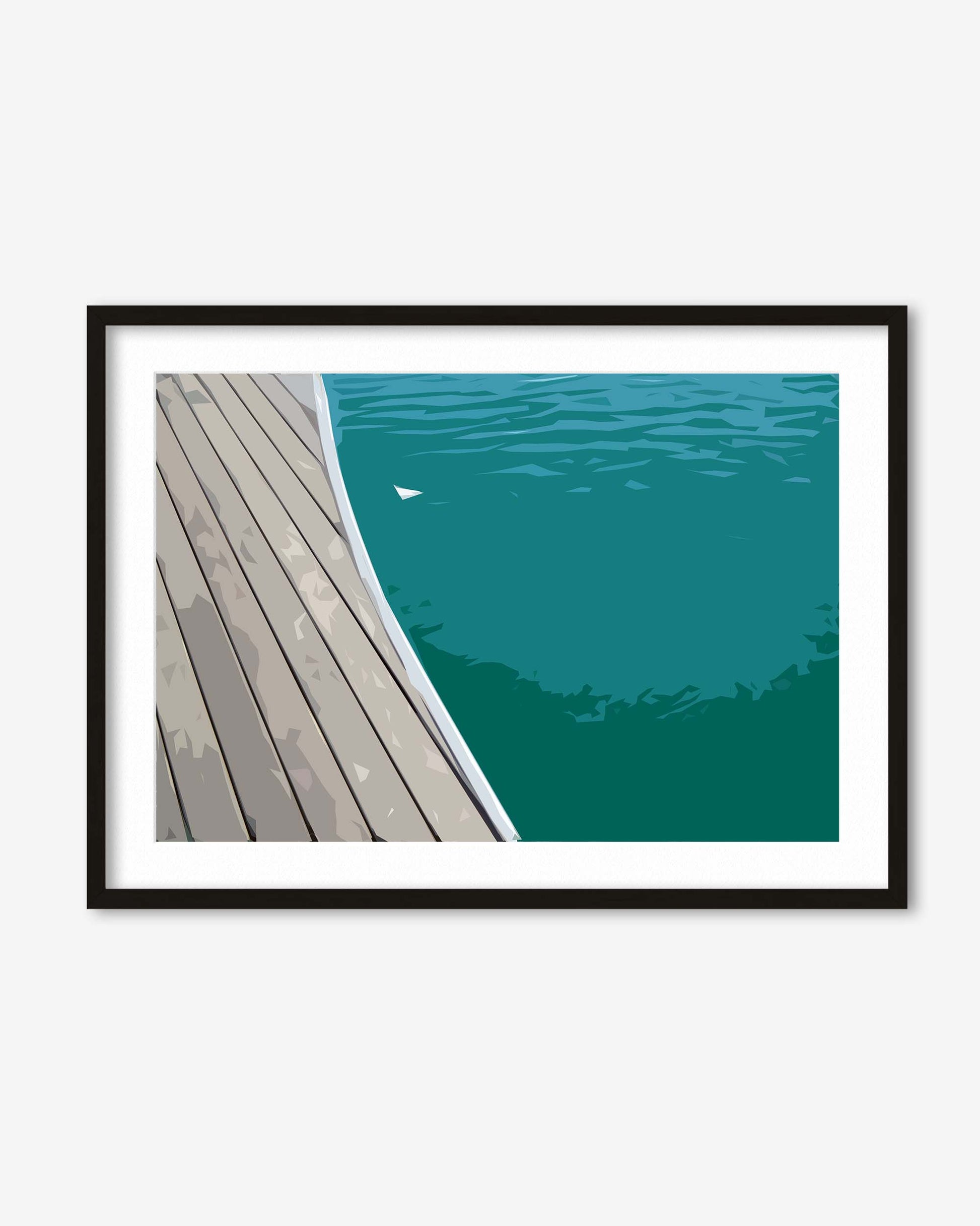 Framed artwork of a wooden dock extending into a teal body of water.