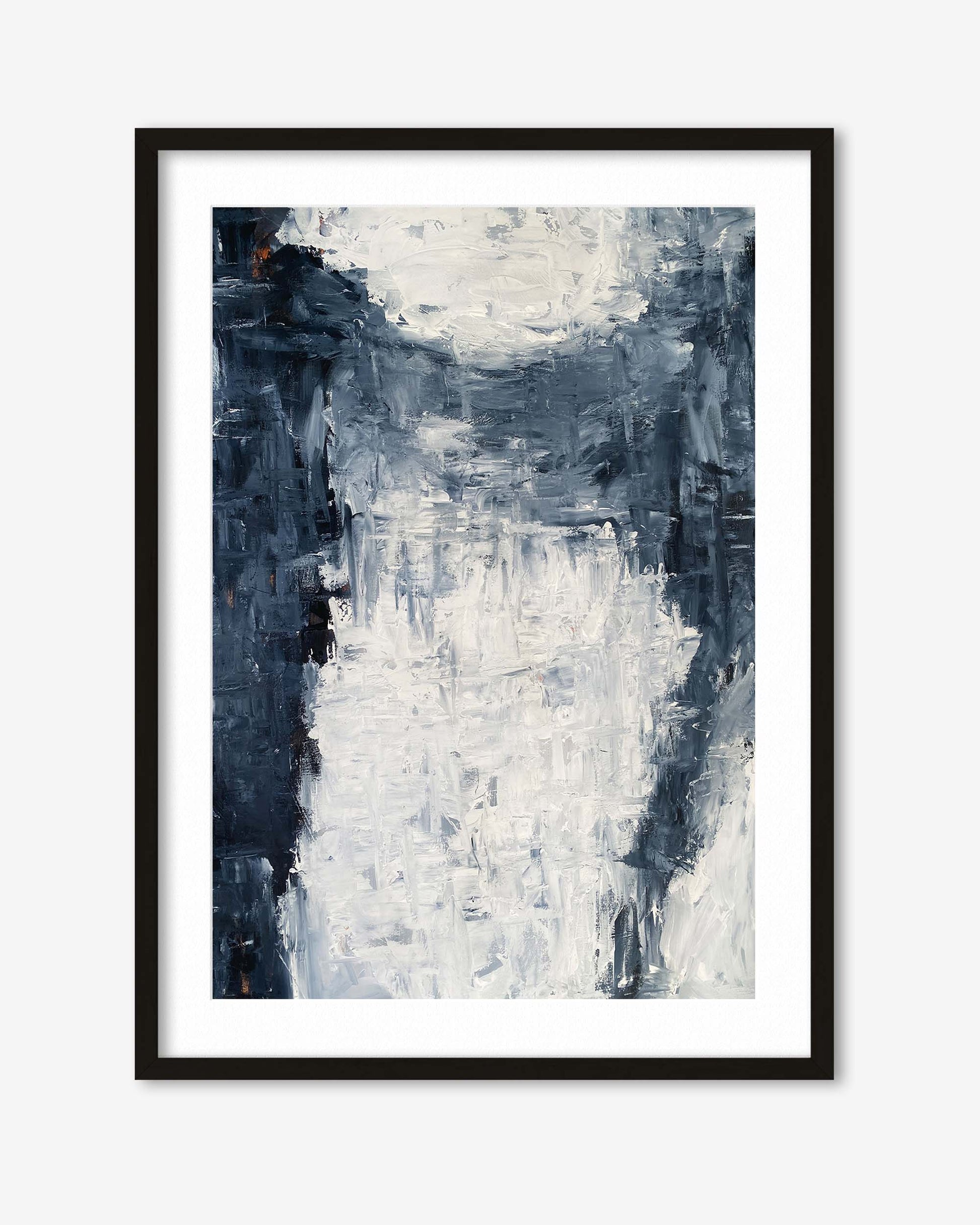 Framed abstract art print with black and white brushstrokes on a white background