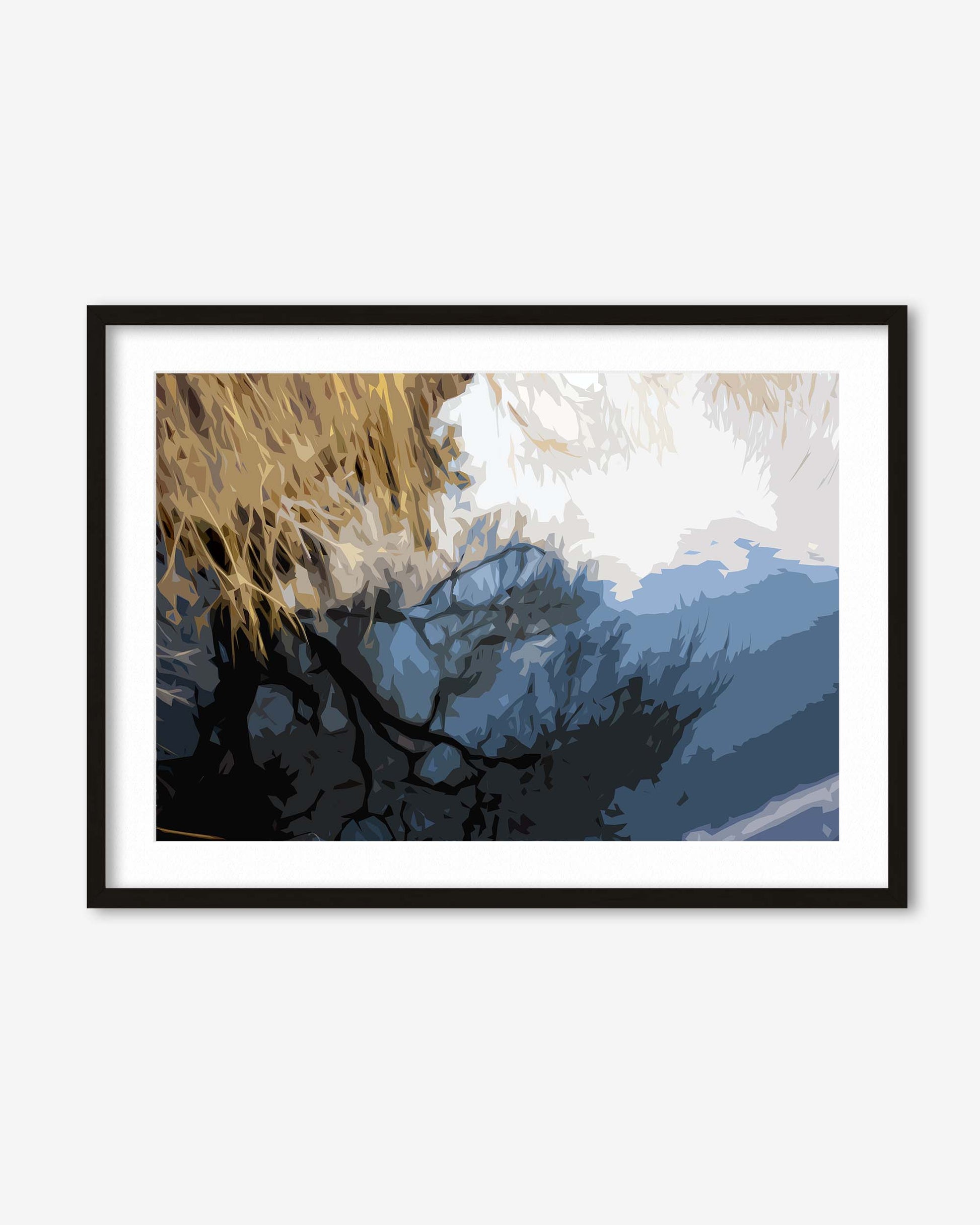Framed abstract artwork with a black frame on a white wall