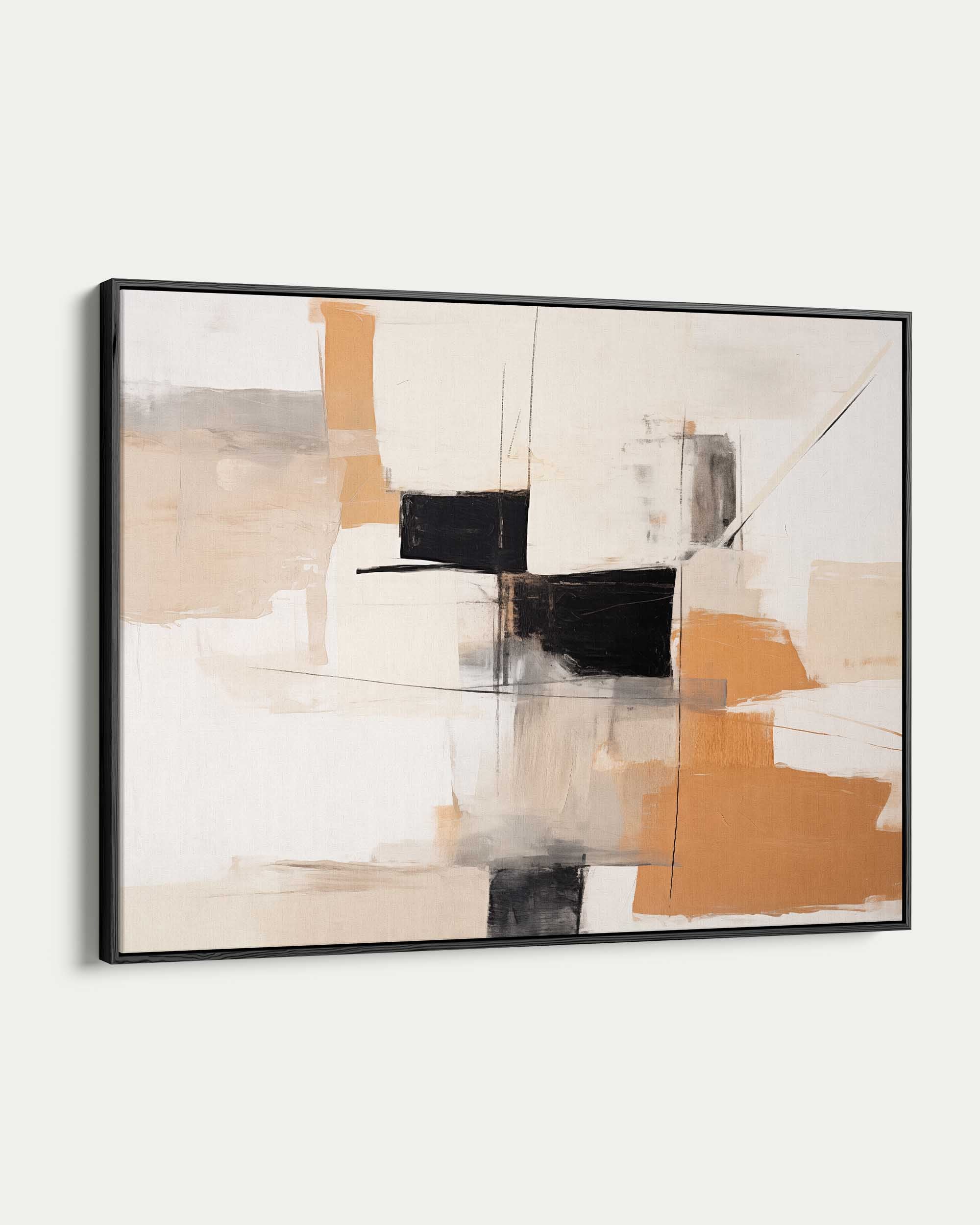 Abstract art piece with geometric shapes in black, white, and orange on a white background