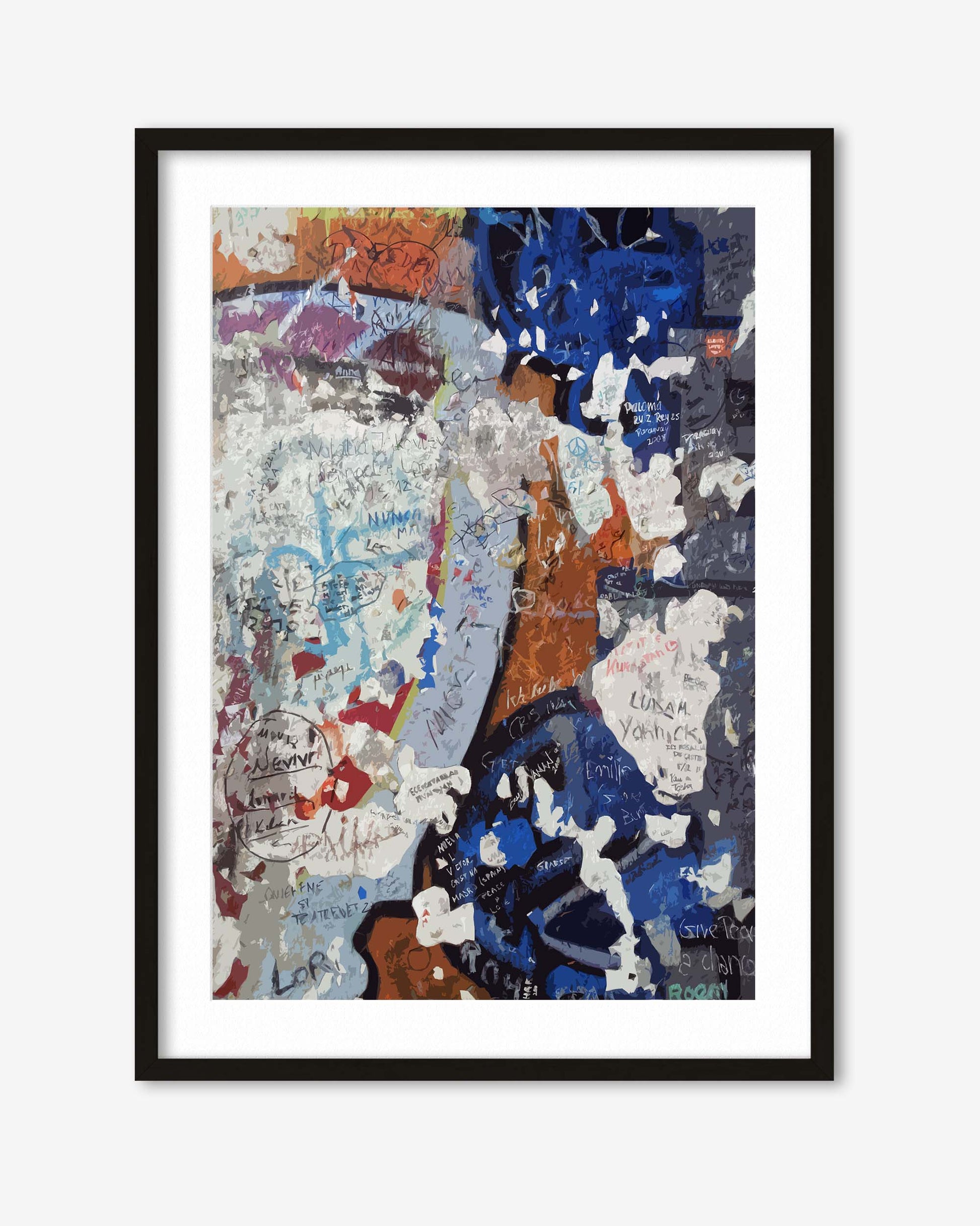 Framed abstract artwork with multicolors on a white background