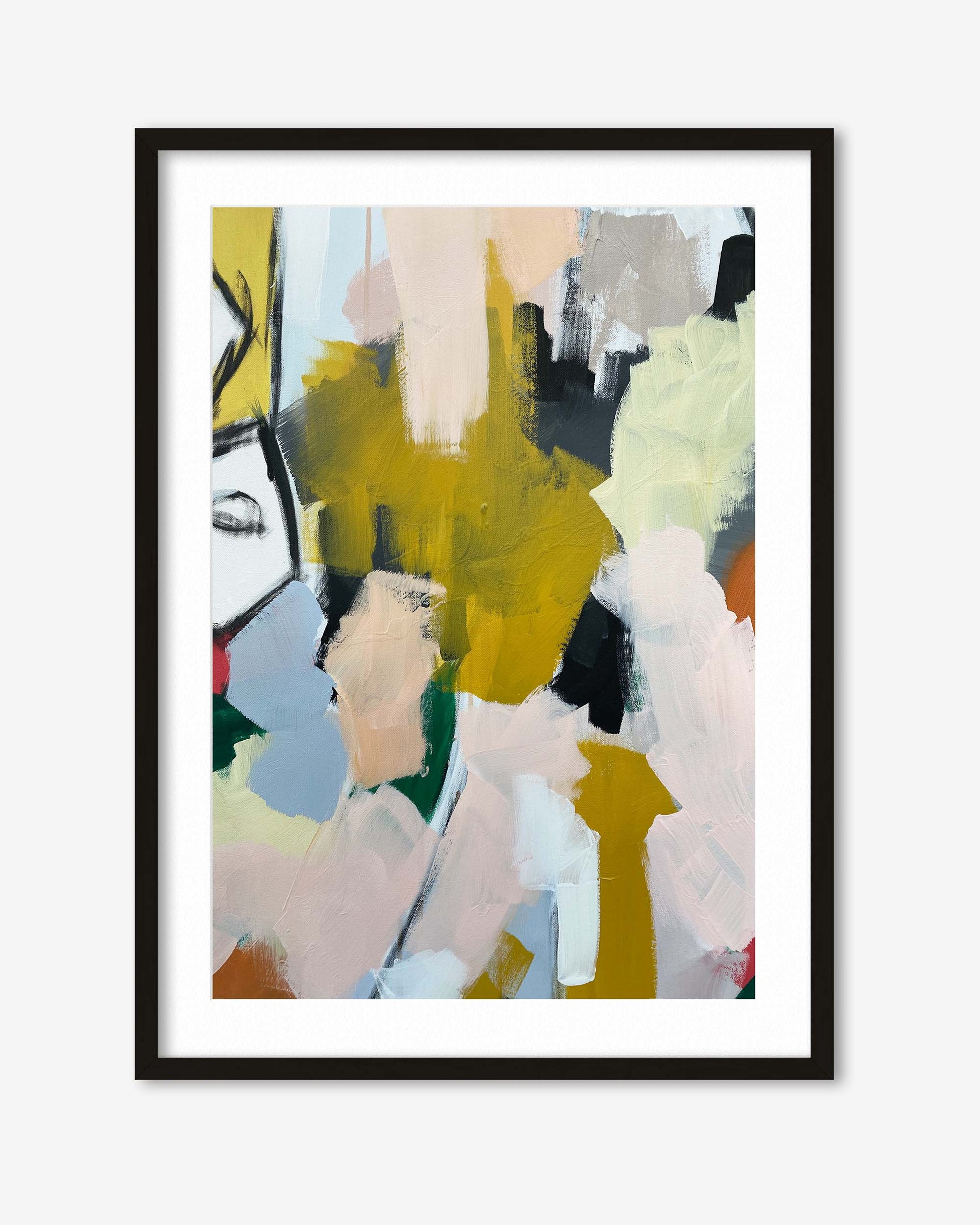 Framed abstract art print with colorful brush strokes on a white background