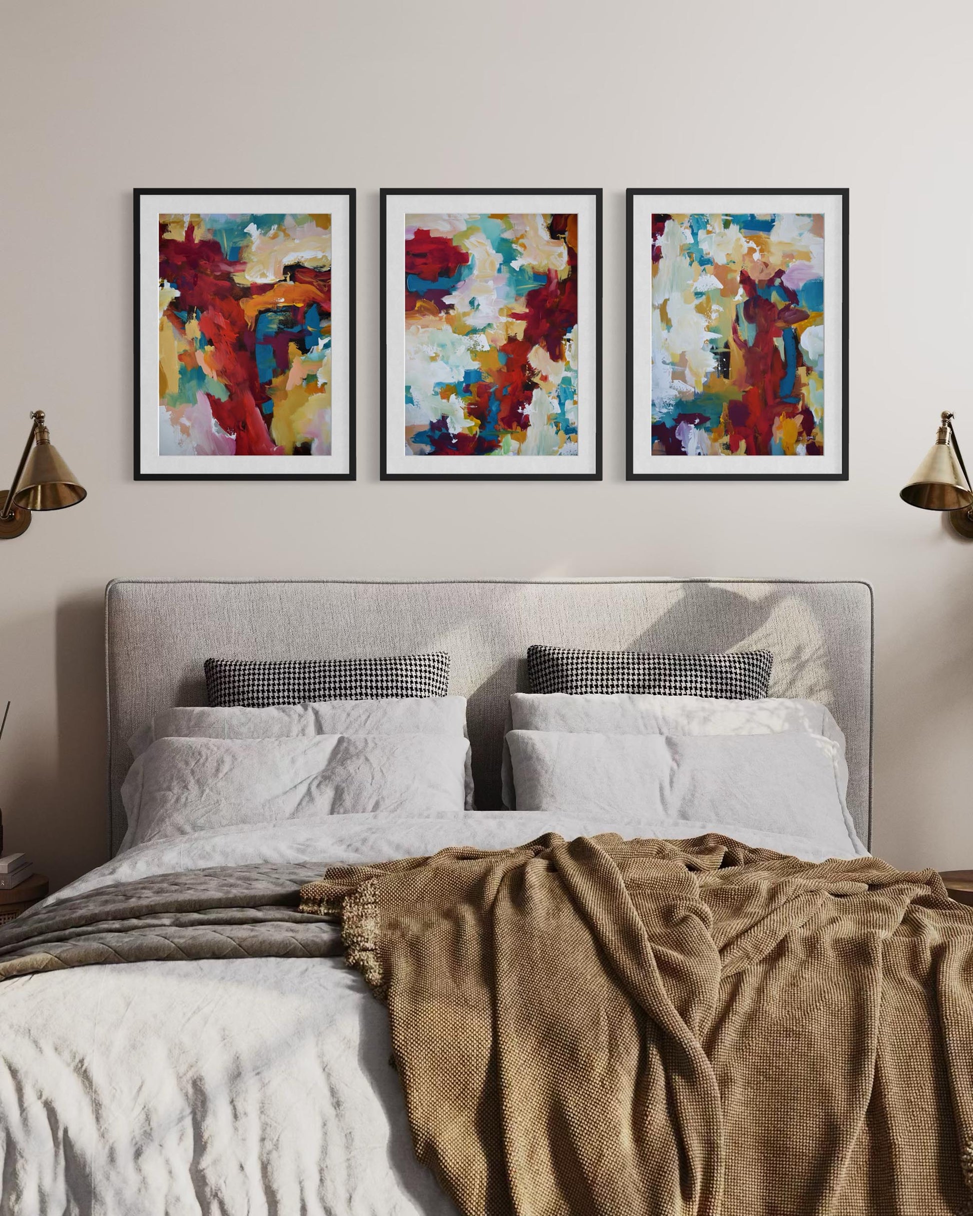 Bedroom with a bed and abstract art on the wall