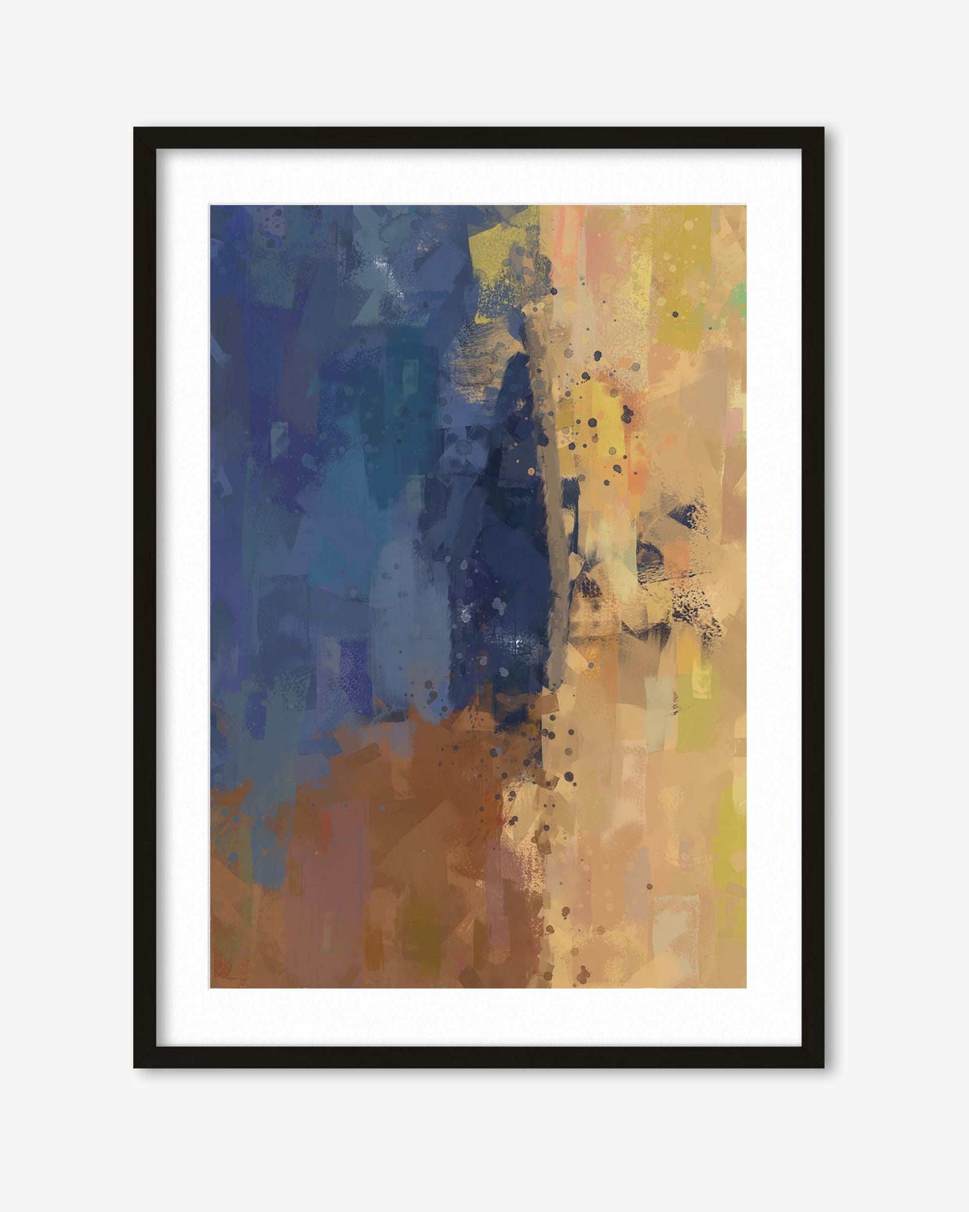 Framed abstract art print with blue, yellow, and brown colors on a white background