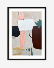 Framed abstract art print with colorful shapes on a white background