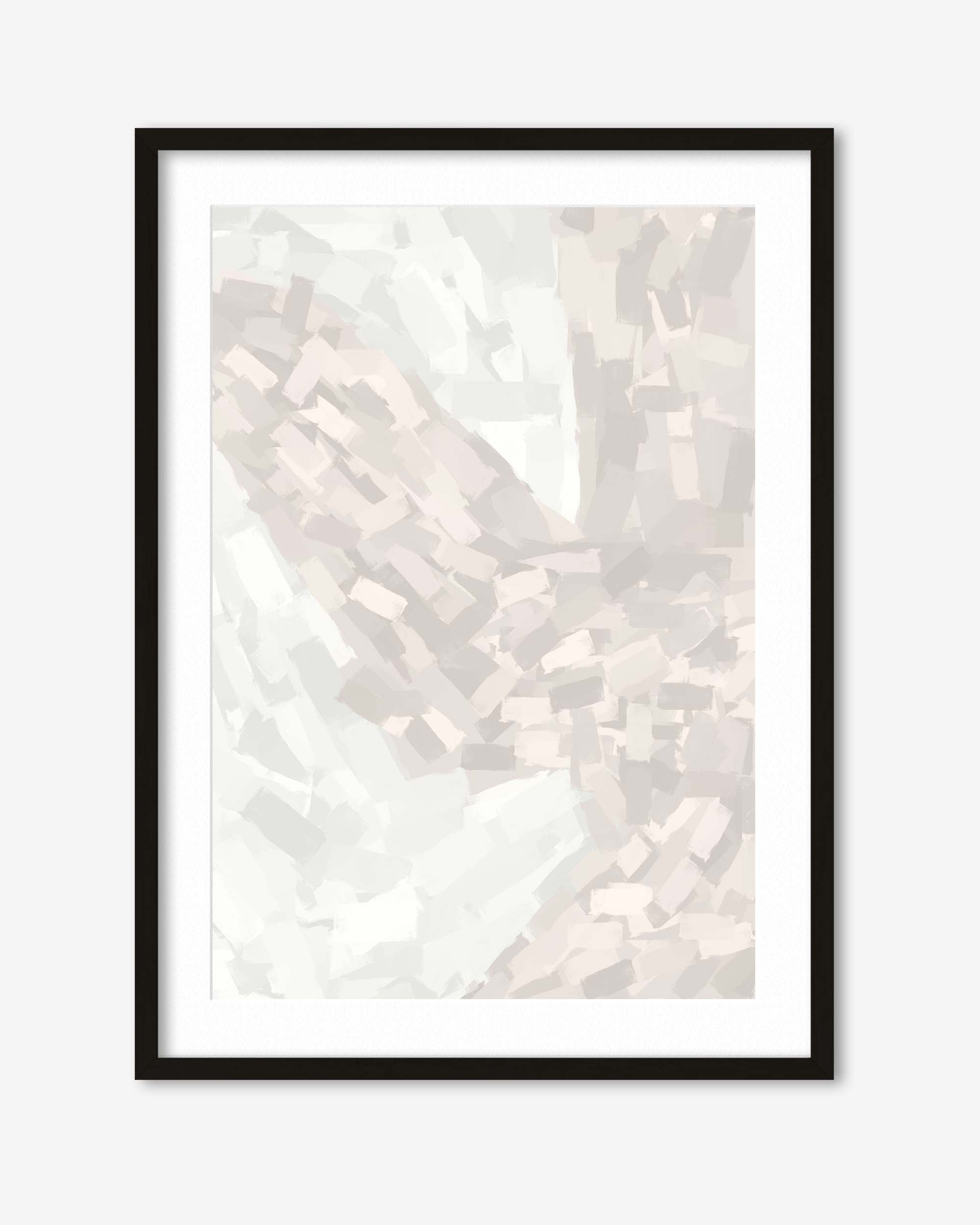Framed abstract art print with a white and beige pattern on a white background