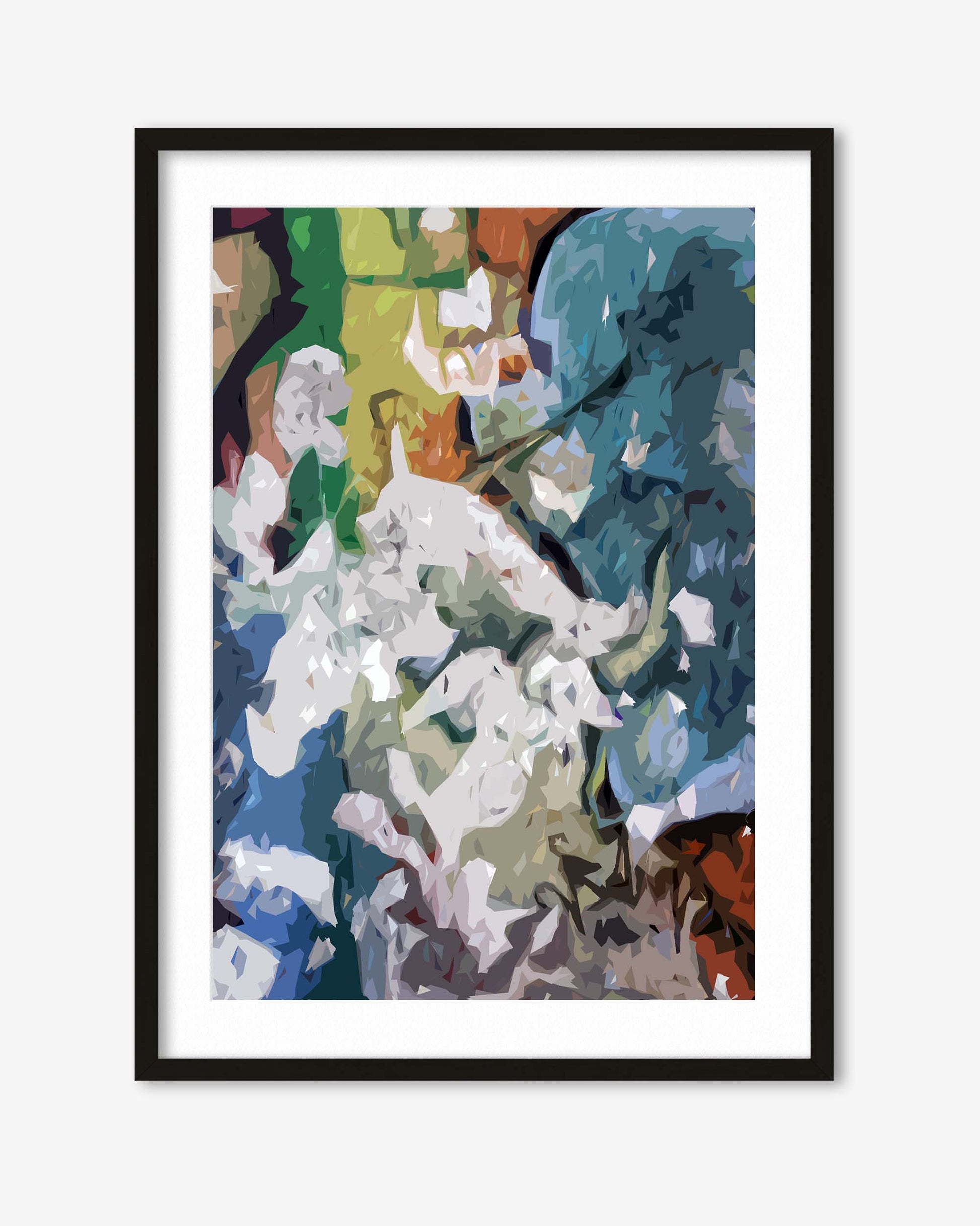 Framed abstract art print with colorful patterns on a white background