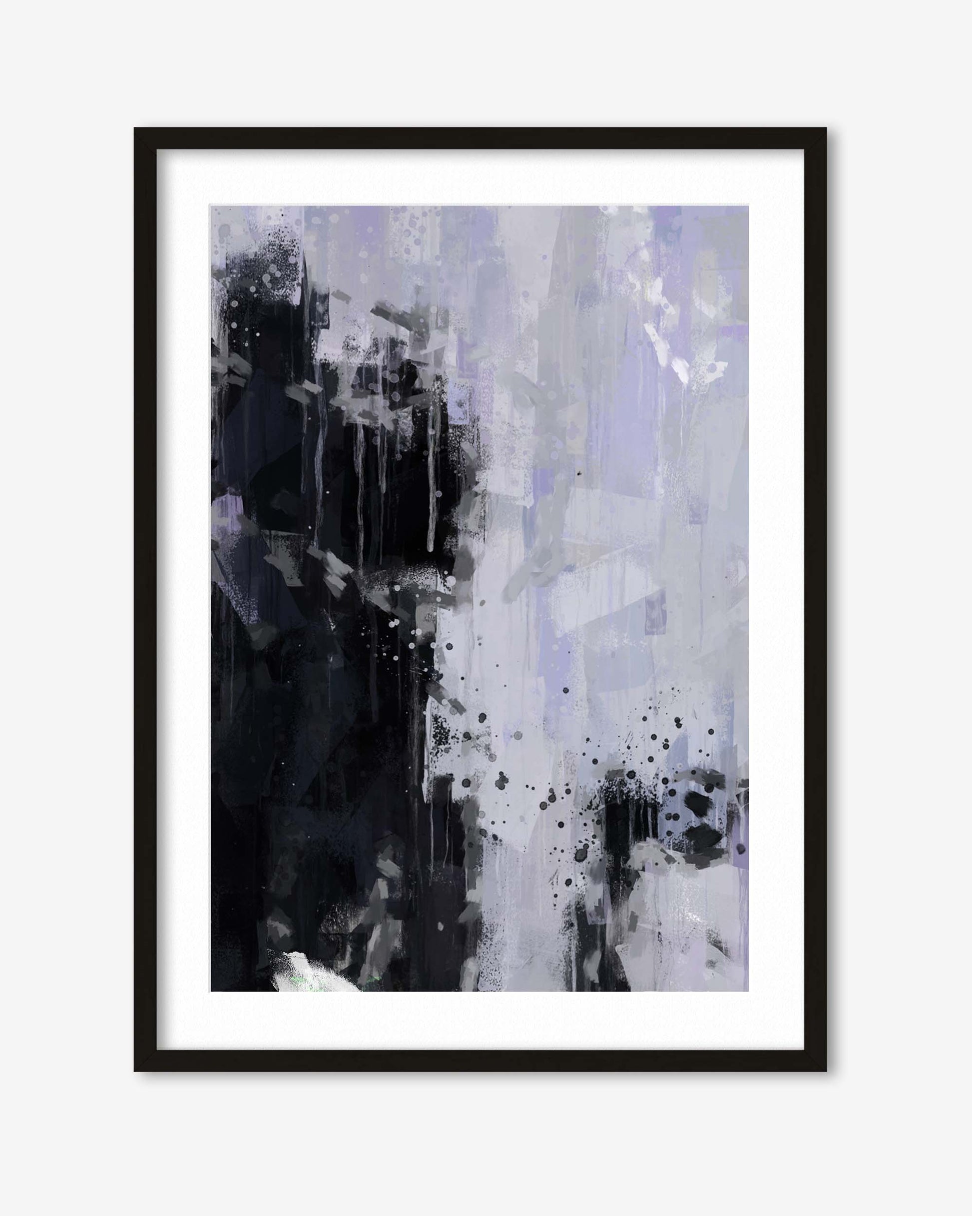 Framed abstract art print with black, white, and gray colors on a white background