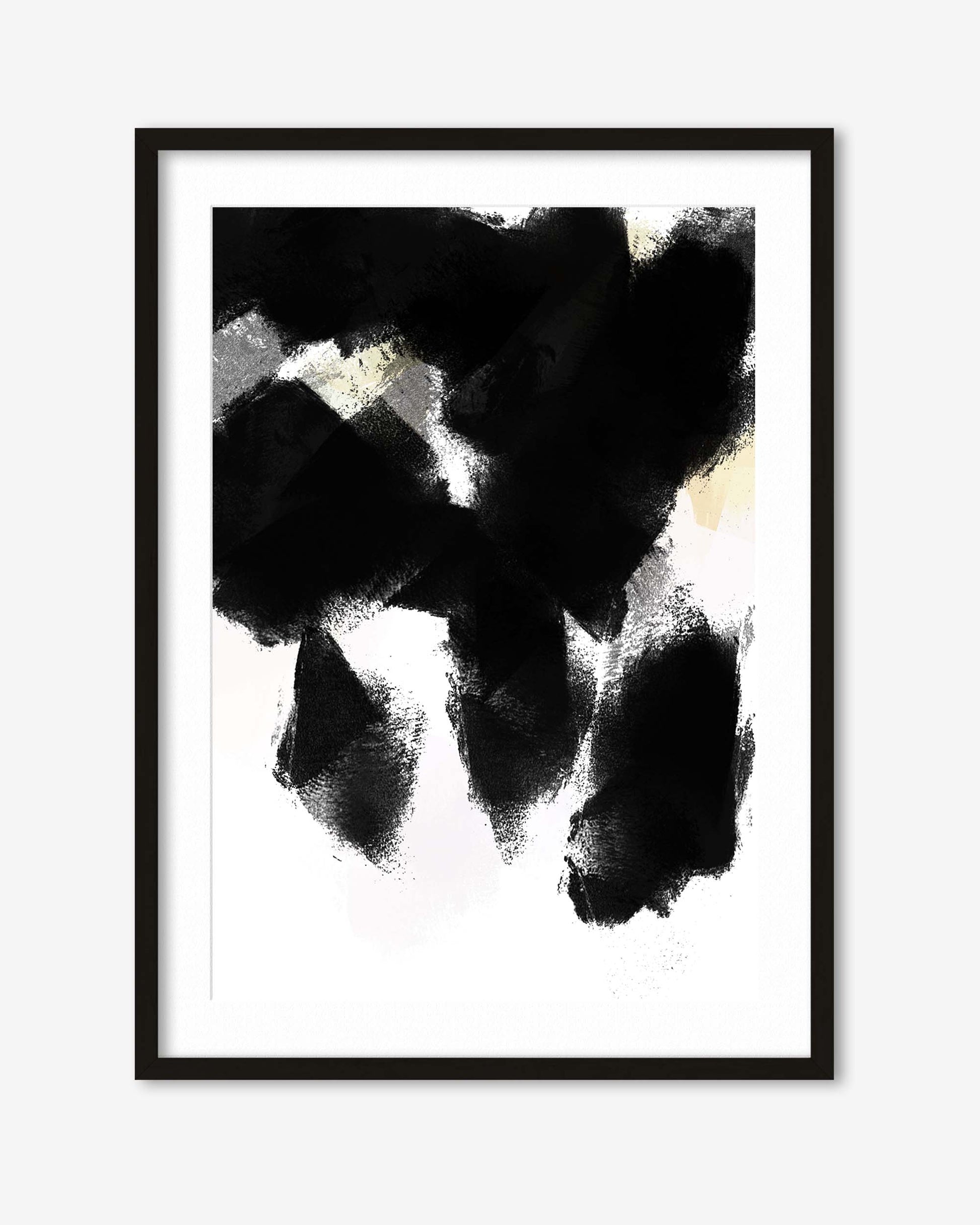 Framed abstract art print with black ink blots on a white background