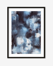 Framed abstract art print with blue and gray brushstrokes on a white background