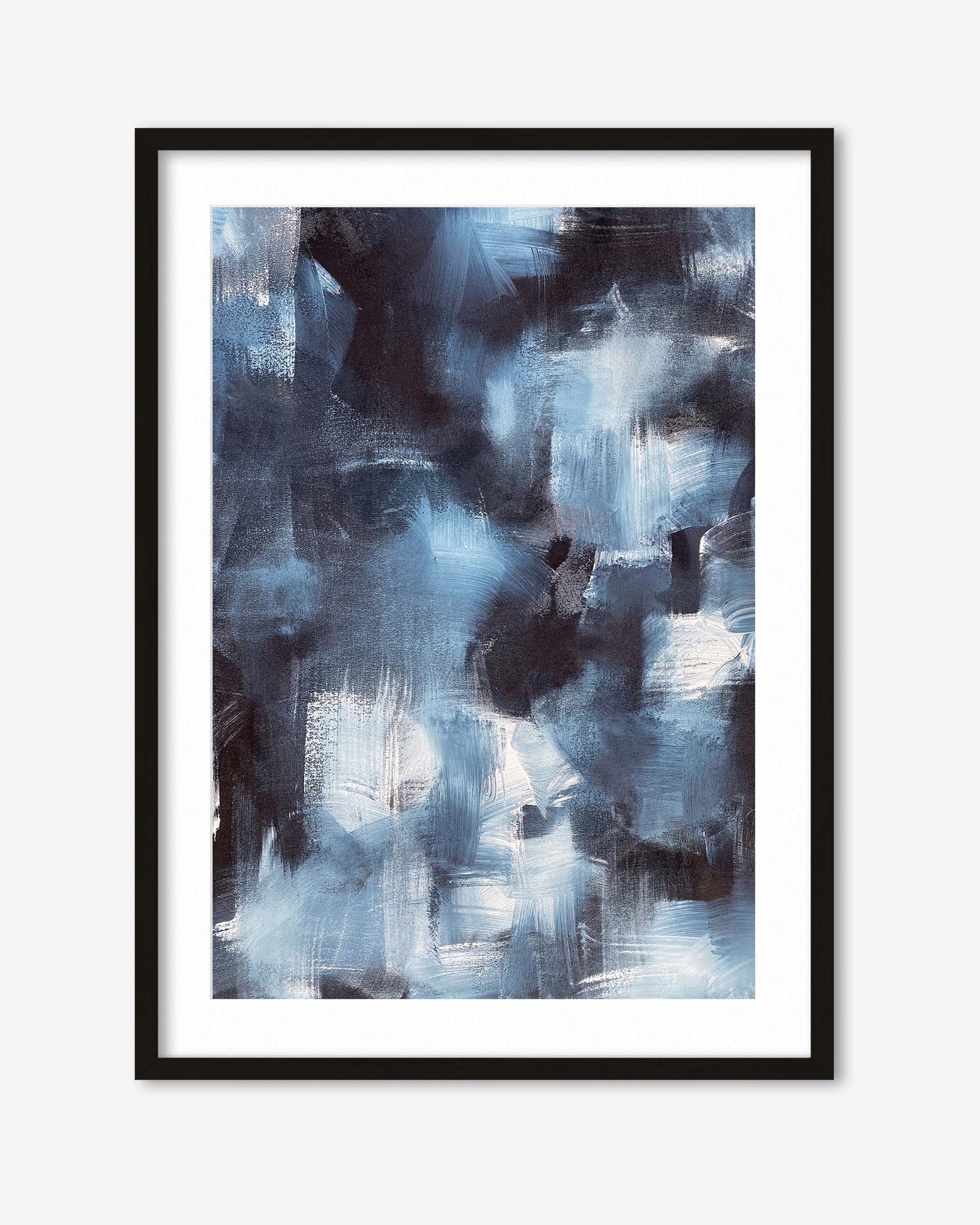 Framed abstract art print with blue and gray brushstrokes on a white background