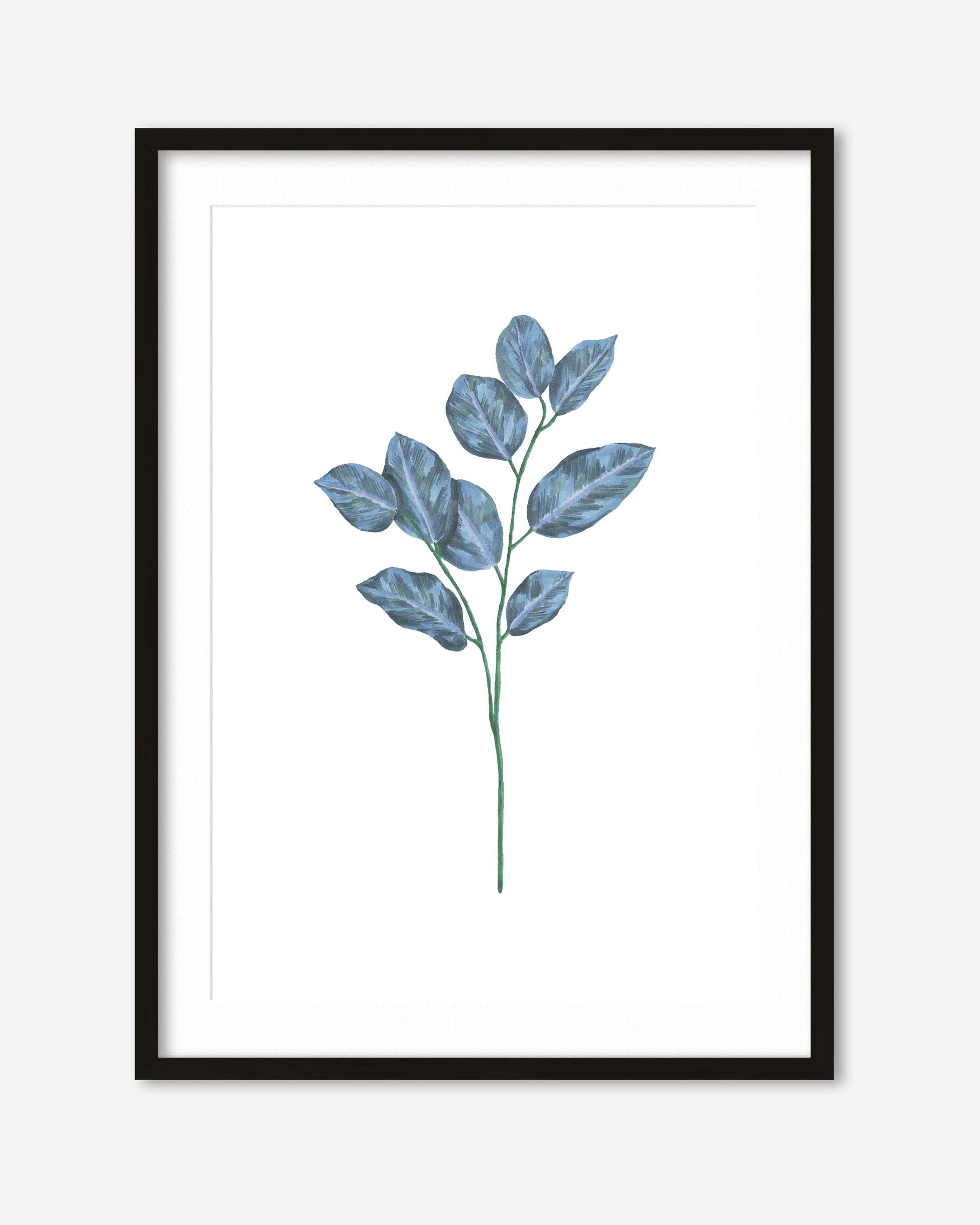 Framed artwork of a blue leaf branch on a white background